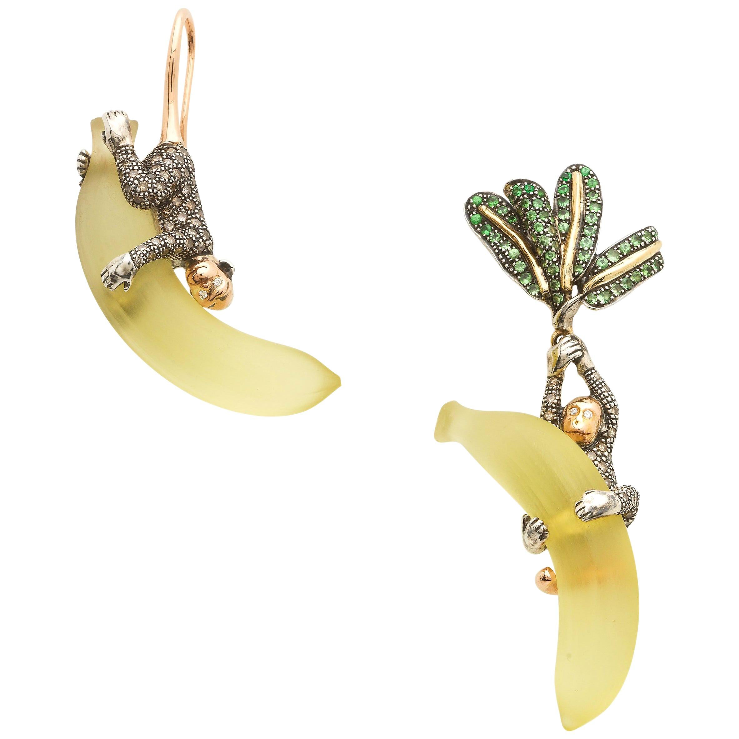 Tsavorite Palm Leaf with Diamond Monkey on Lemon Quartz Banana 18k Gold Earrings For Sale