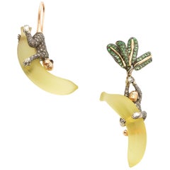 Tsavorite Palm Leaf with Diamond Monkey on Lemon Quartz Banana 18k Gold Earrings