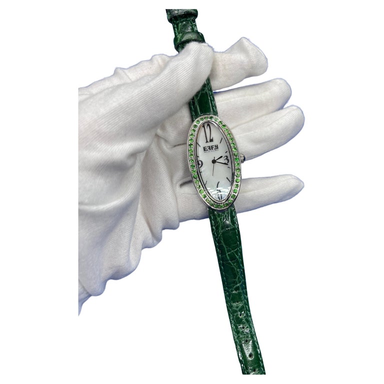 Tsavorite Pave Dial Luxury Swiss Quartz Exotic Leather Band  display picture 2