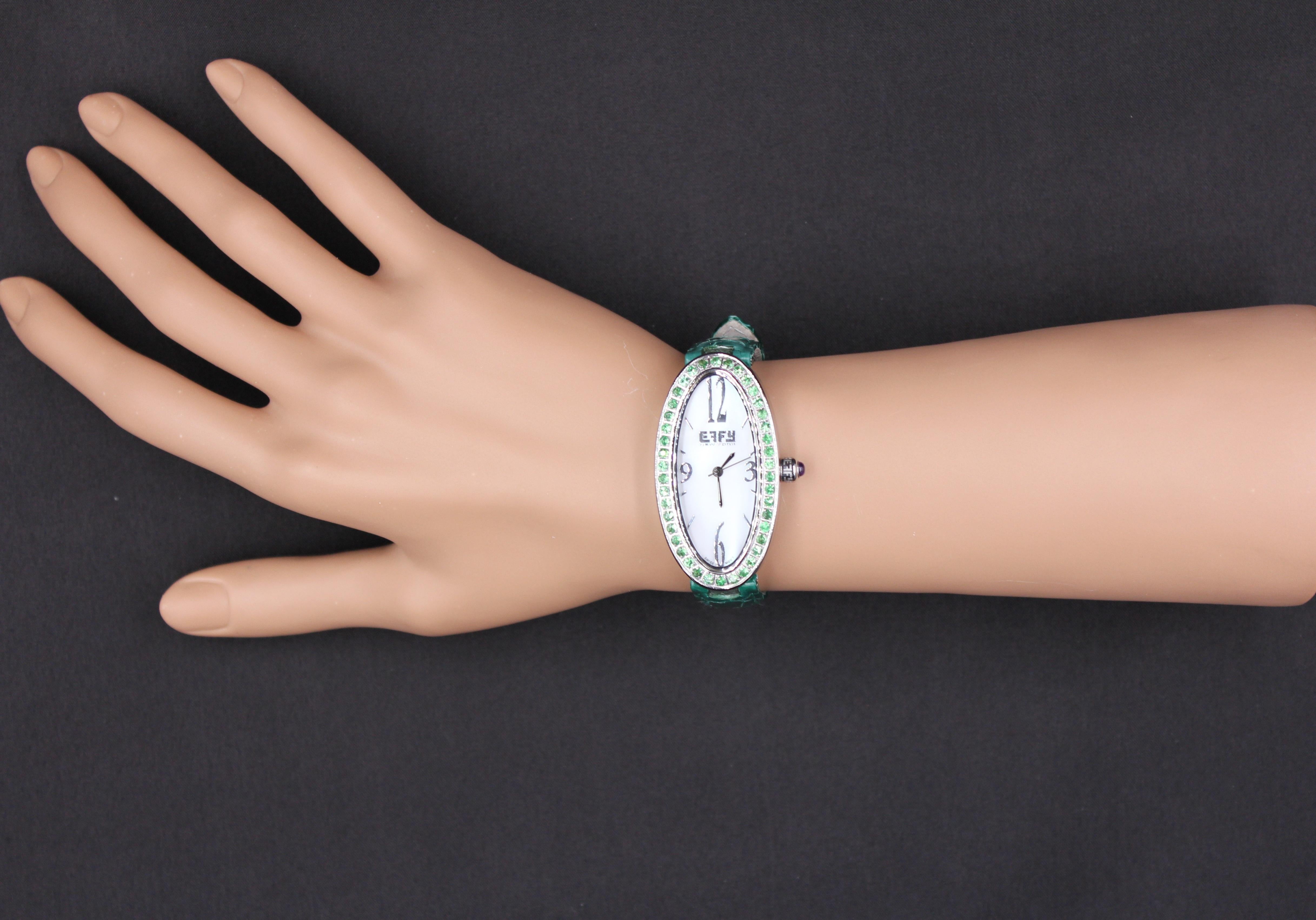 Mixed Cut Tsavorite Pave Dial Luxury Swiss Quartz Exotic Leather Band Watch 1.90 CTW For Sale