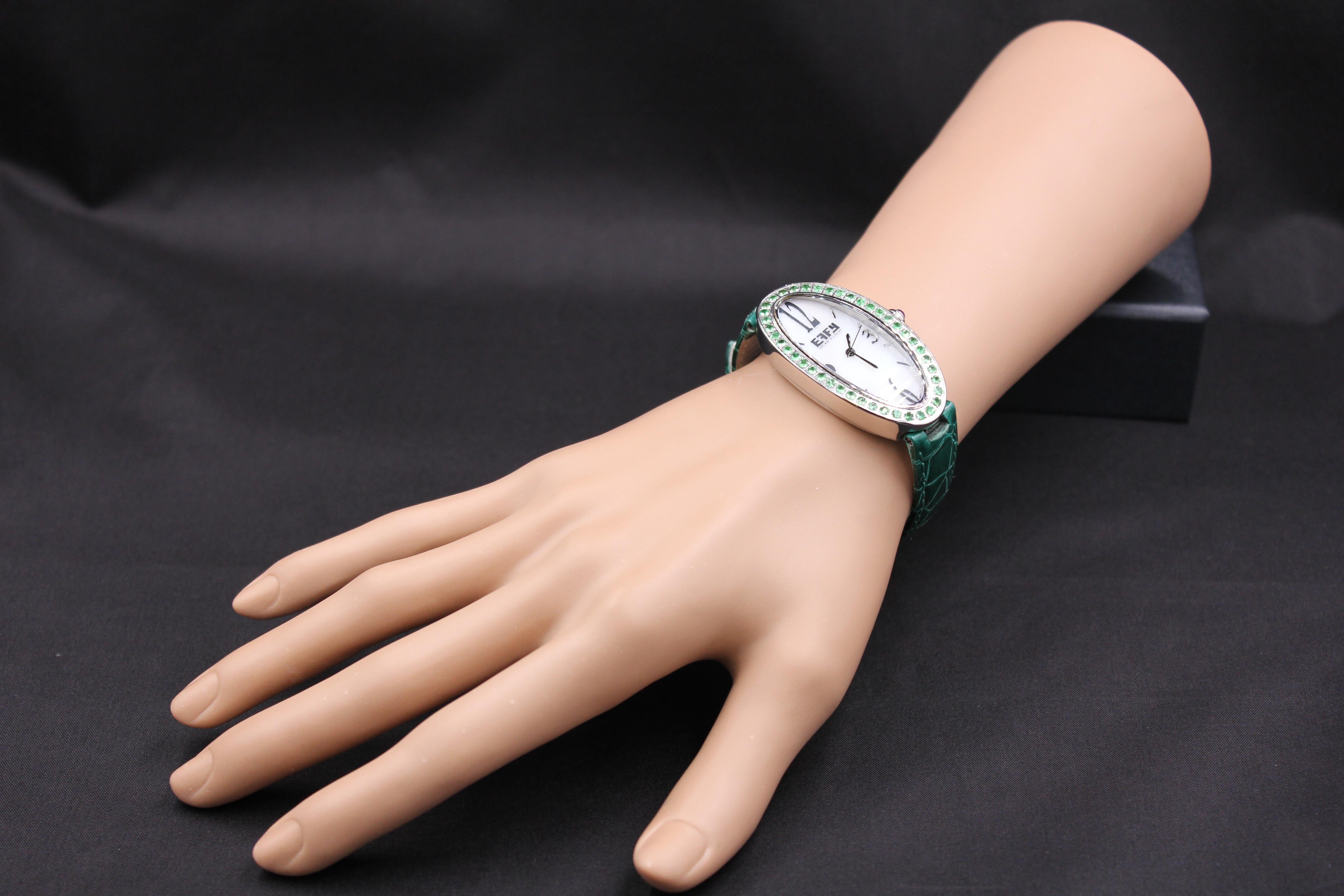 Women's Tsavorite Pave Dial Luxury Swiss Quartz Exotic Leather Band Watch 1.90 CTW For Sale