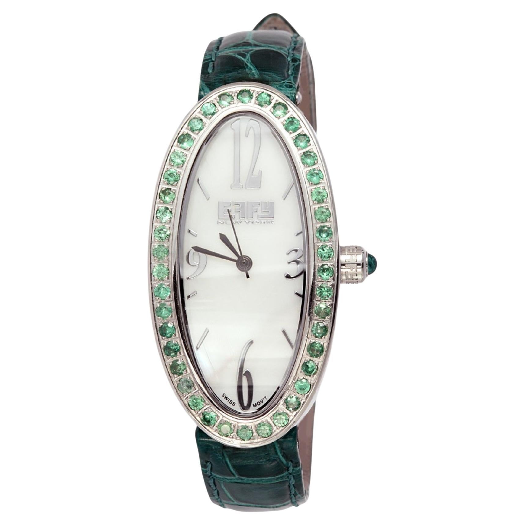 Tsavorite Pave Dial Luxury Swiss Quartz Exotic Leather Band Watch 1.90 CTW