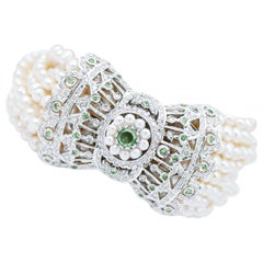 Tsavorite, Pearls, Diamonds, 14 Karat White Gold Retrò Bracelet