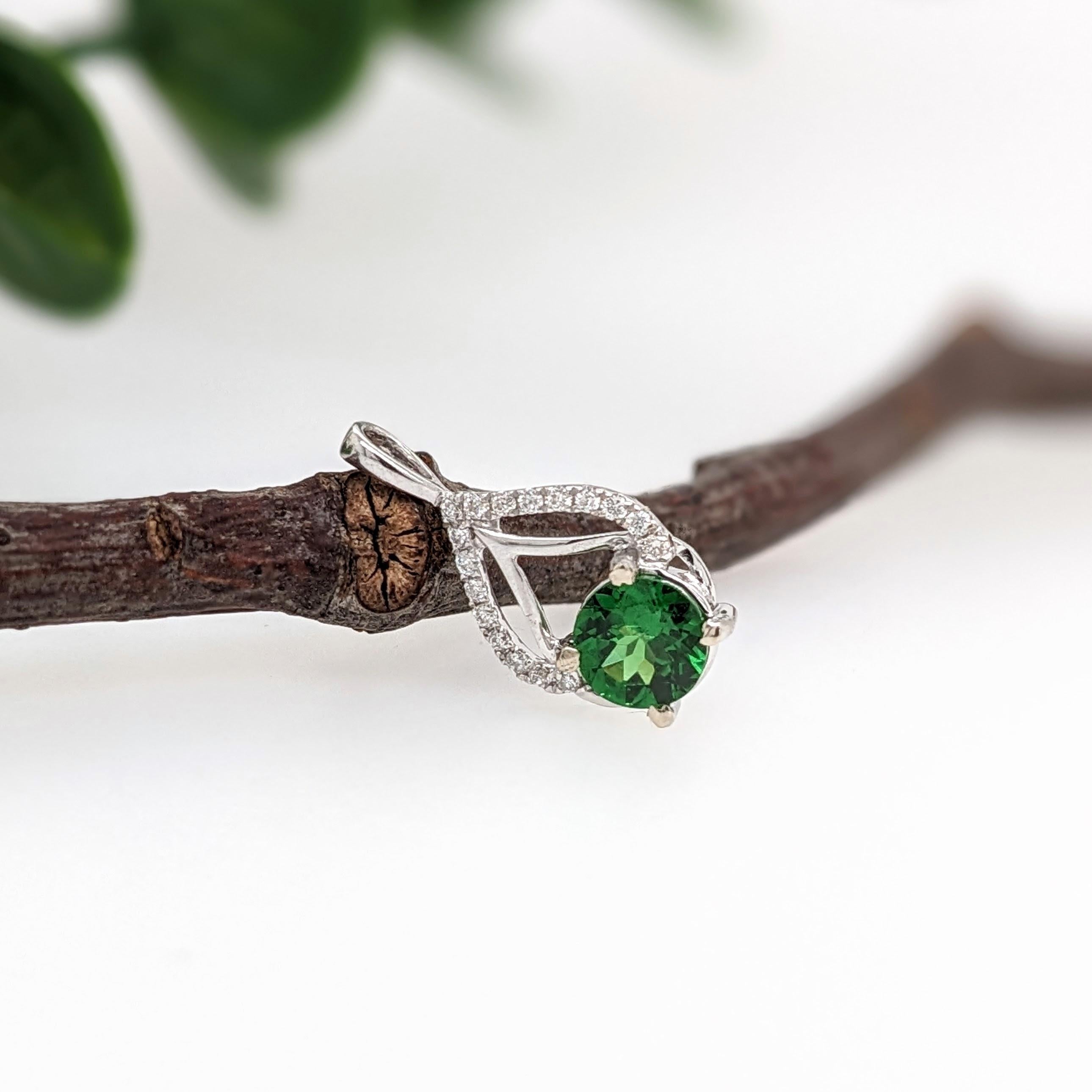 Tsavorite Pendant w Natural Diamonds in Solid 14K White Gold Round 5.5mm In New Condition For Sale In Columbus, OH