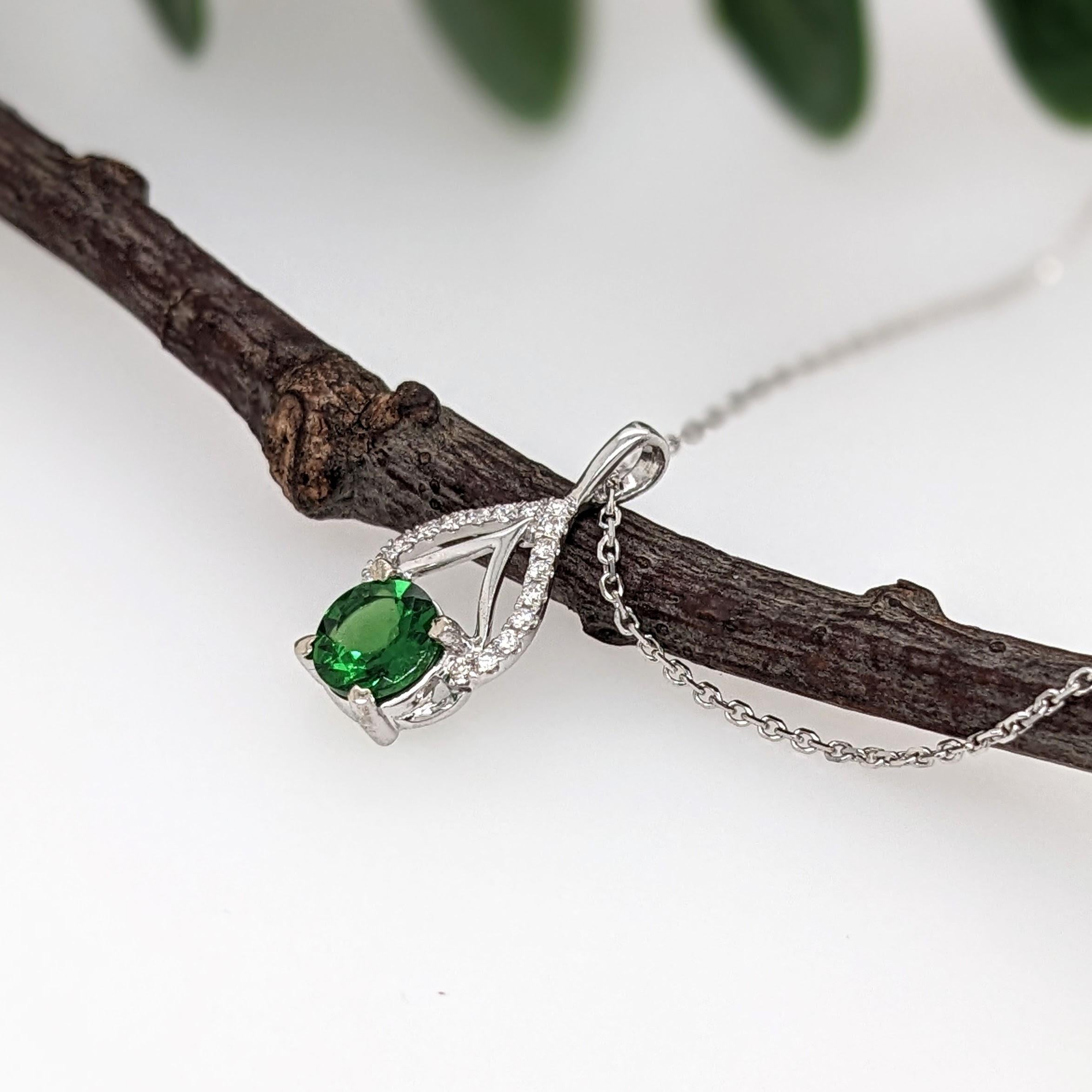 Tsavorite Pendant w Natural Diamonds in Solid 14K White Gold Round 5.5mm 2