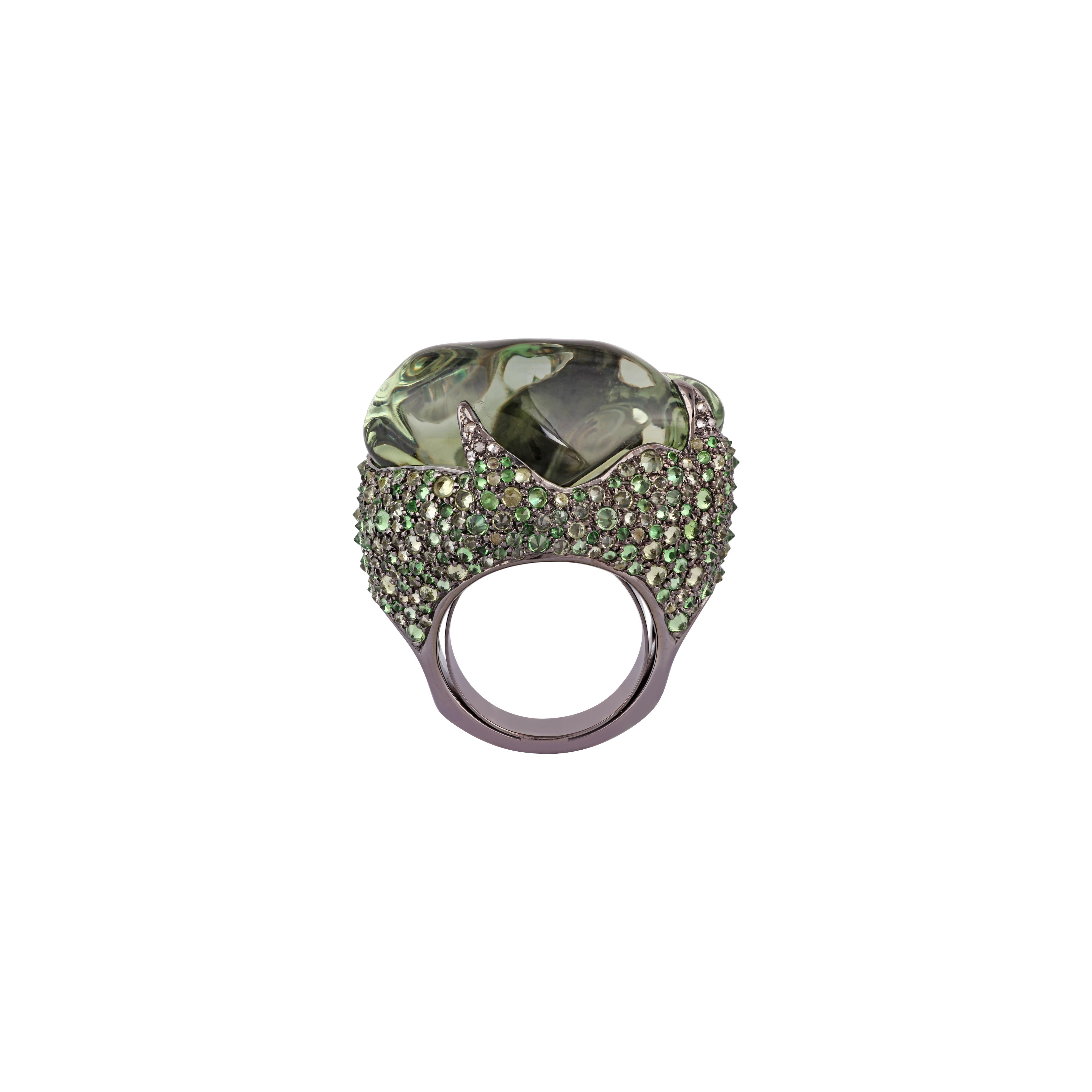 Beautiful Antique Victorian 18K Gold & silver  Tsavorite, Peridot, Green Amethyst, Diamond Ring in 18K Gold & Silver . The center holds a natural vibrant Green Amethyst with an incredible play of color pattern. The Tsavorite & Peridot is surrounded