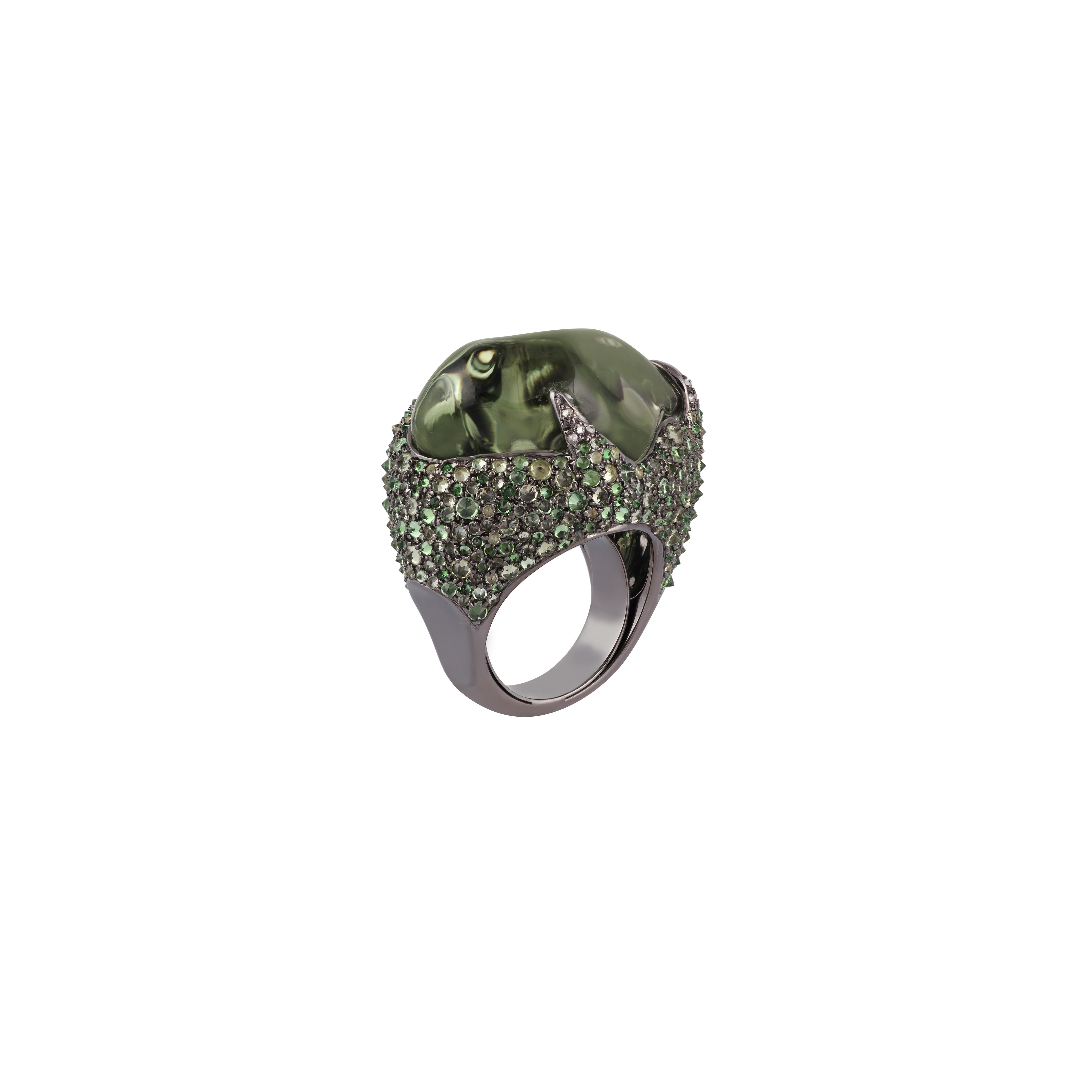 Art Deco Tsavorite, Peridot, Green Amethyst, Diamond Ring in 18k Gold & Silver For Sale