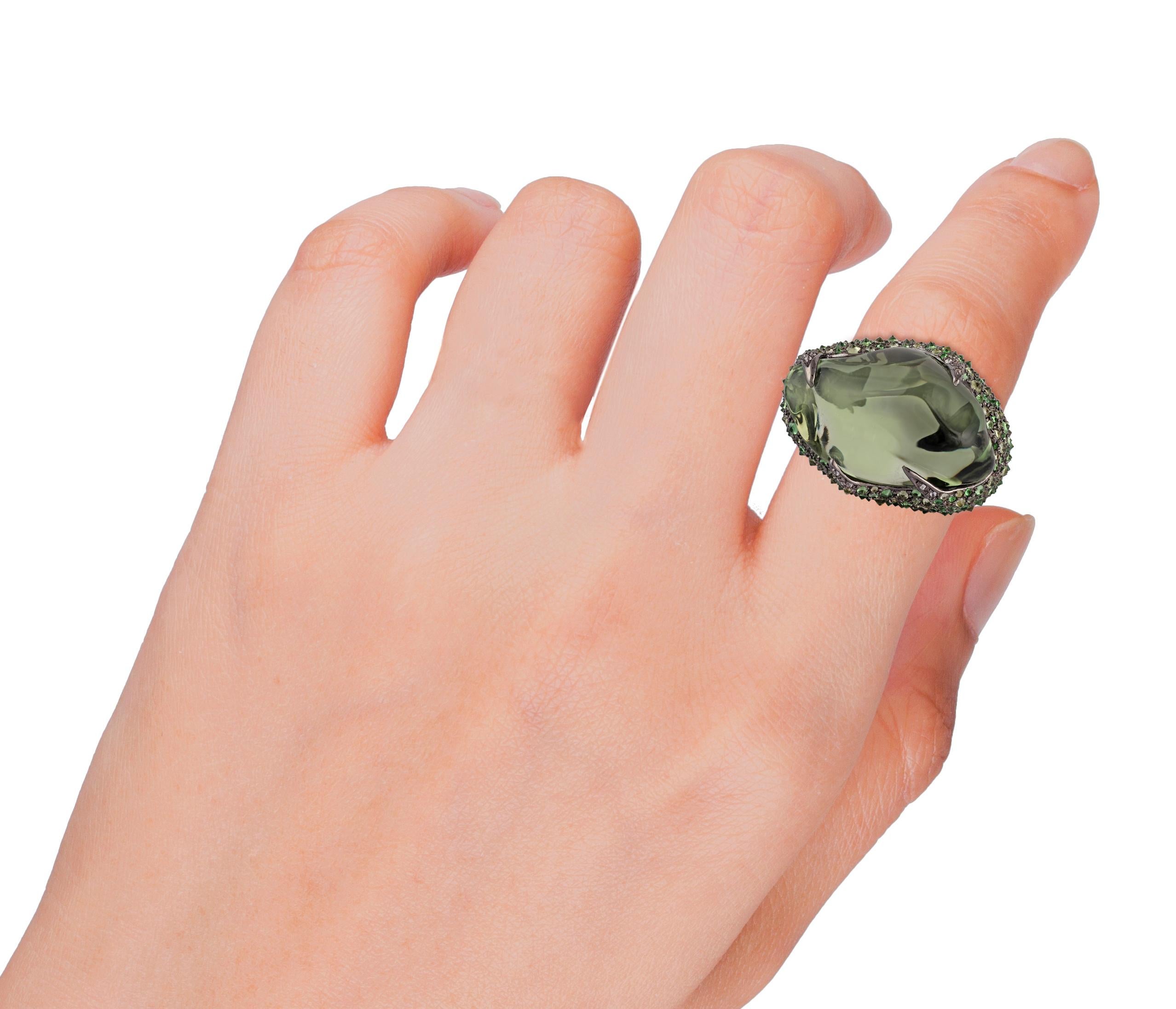 Women's Tsavorite, Peridot, Green Amethyst, Diamond Ring in 18k Gold & Silver For Sale