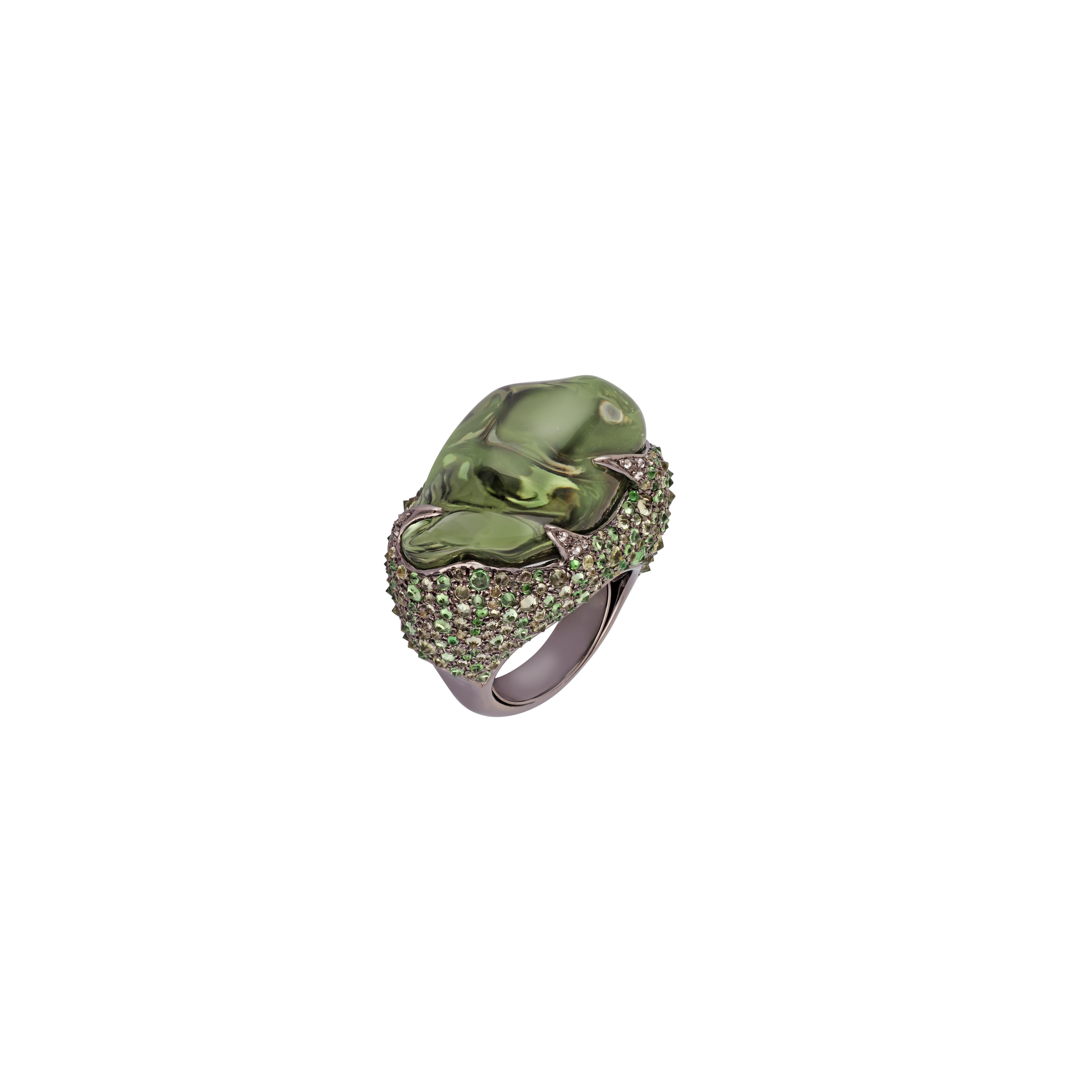 Tsavorite, Peridot, Green Amethyst, Diamond Ring in 18k Gold & Silver In New Condition For Sale In Jaipur, Rajasthan