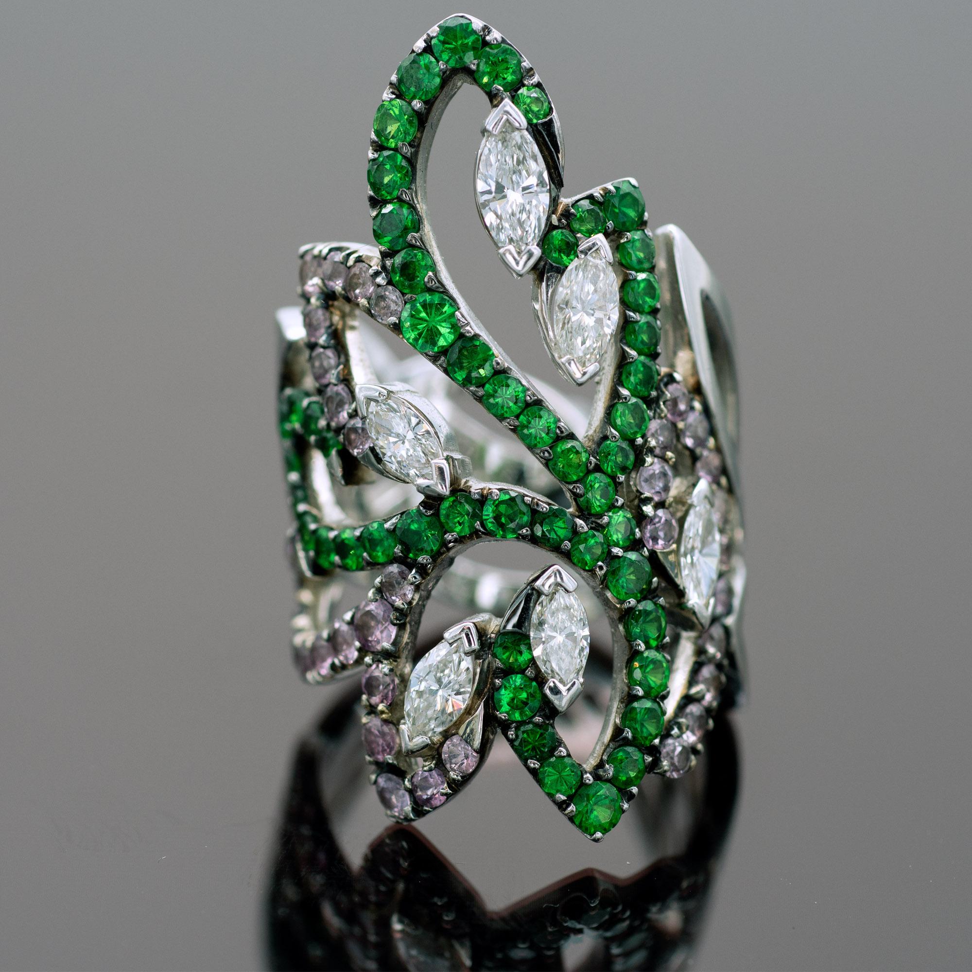 Contemporary Tsavorite Pink Sapphire and Diamond Arabesque Ring For Sale
