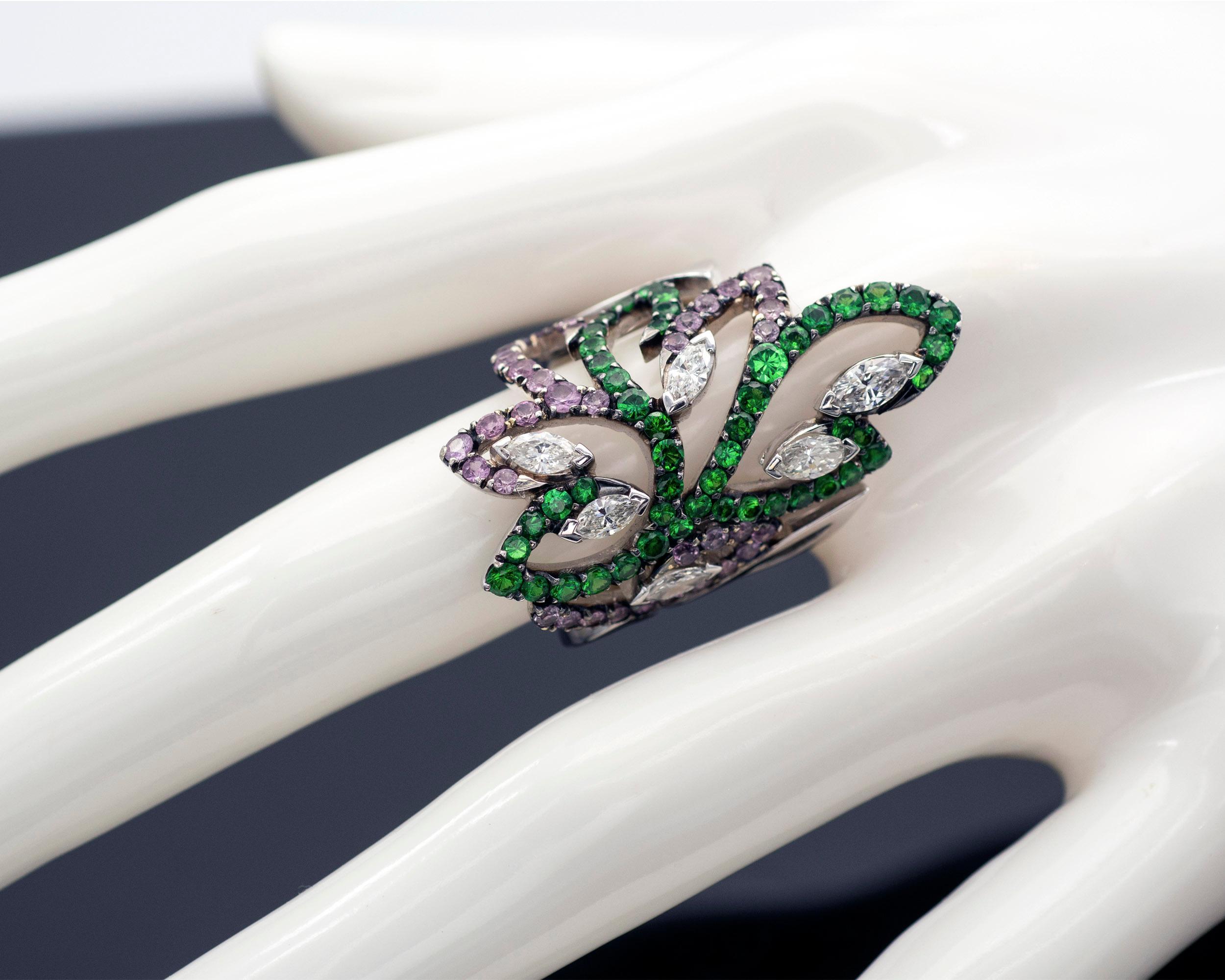 Women's Tsavorite Pink Sapphire and Diamond Arabesque Ring For Sale