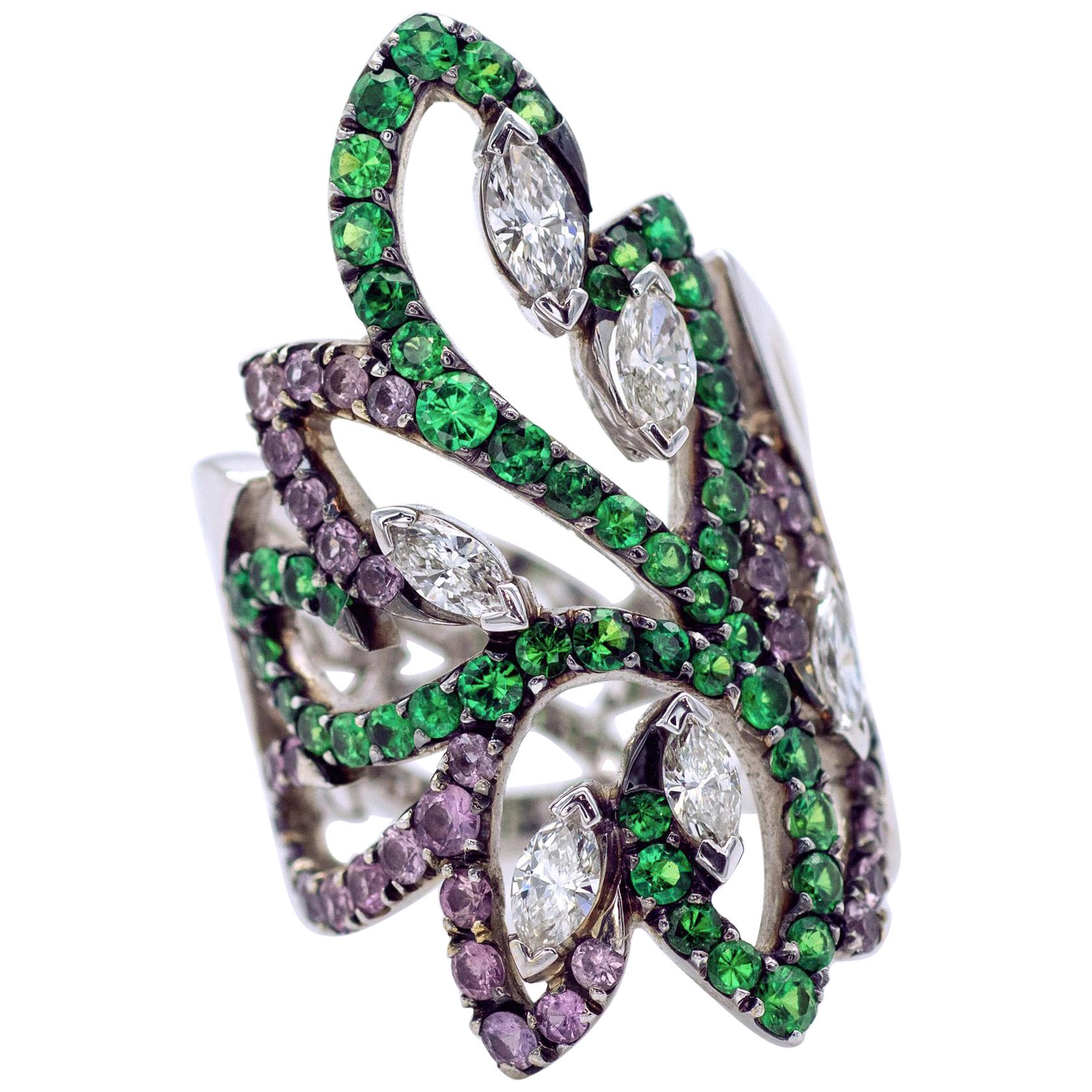 Tsavorite Pink Sapphire and Diamond Arabesque Ring For Sale
