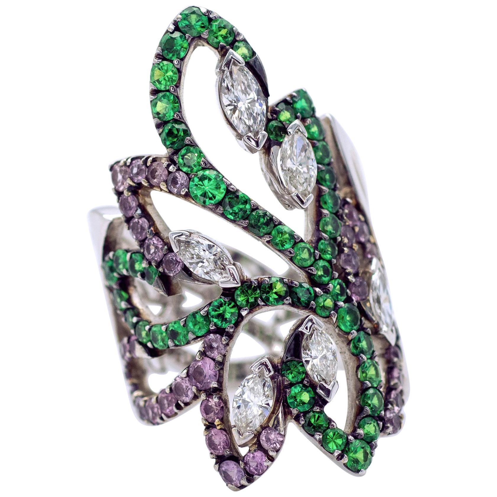 Bague arabesque en tsavorite, saphir rose et diamant