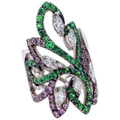 Tsavorite Pink Sapphire and Diamond Arabesque Ring