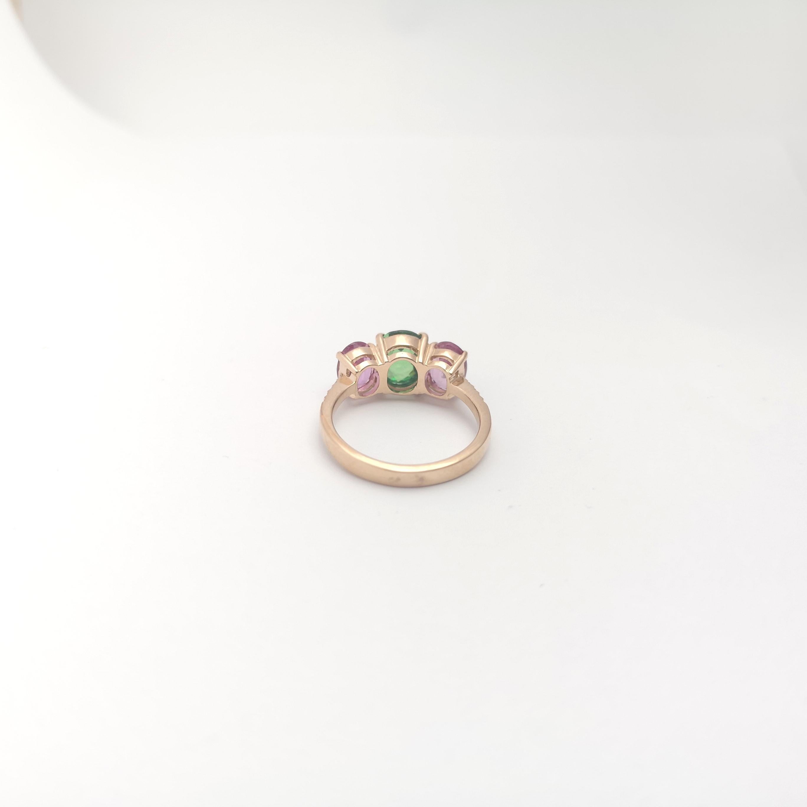 Tsavorite, Pink Sapphire and Diamond Ring set in 18K Rose Gold Settings For Sale 5