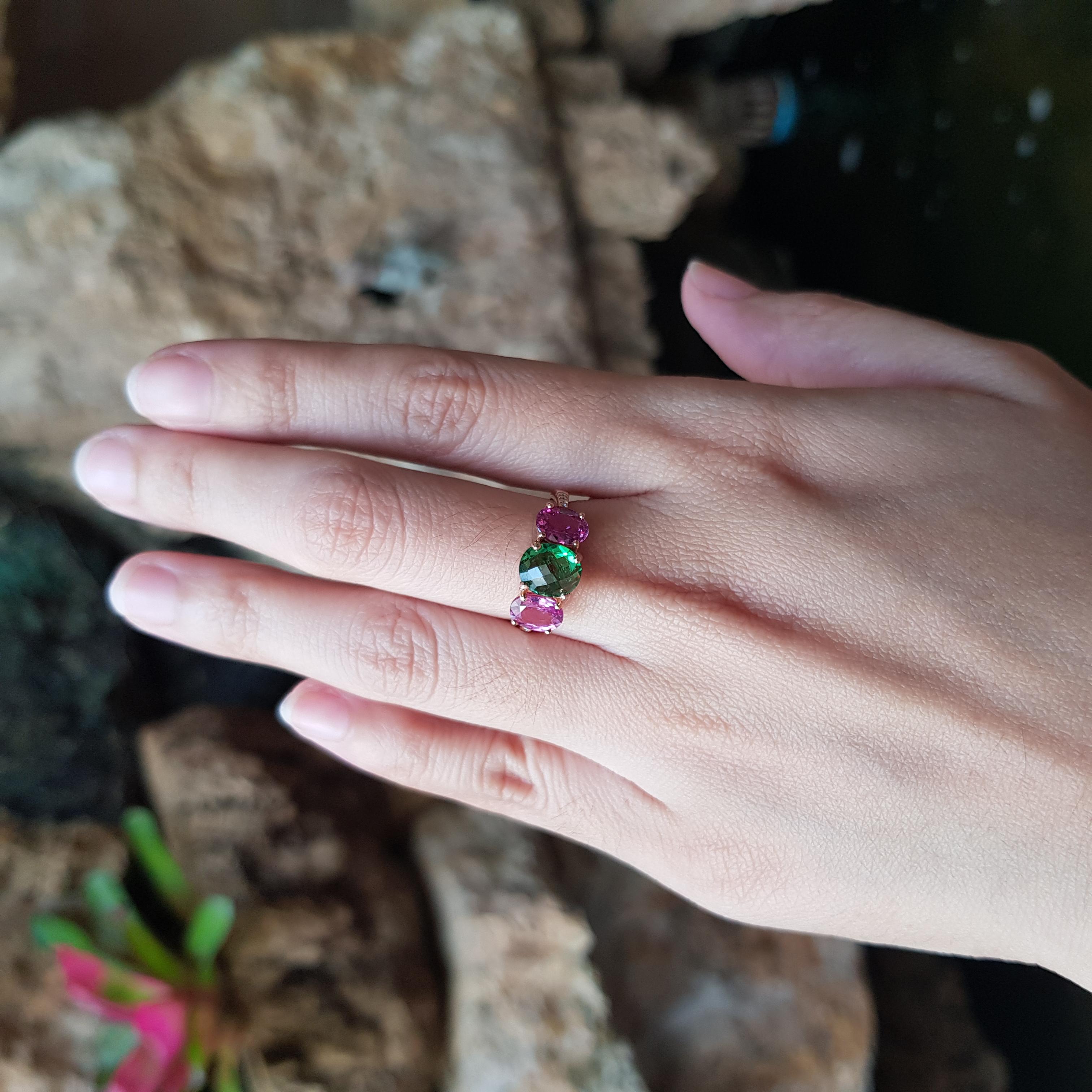Tsavorite 1.48 carats, Pink Sapphire 1.48 carats and Diamond 0.07 carat Ring set in 18K Rose Gold Settings

Width:  1.6 cm 
Length: 0.8 cm
Ring Size: 53
Total Weight: 4.15 grams


