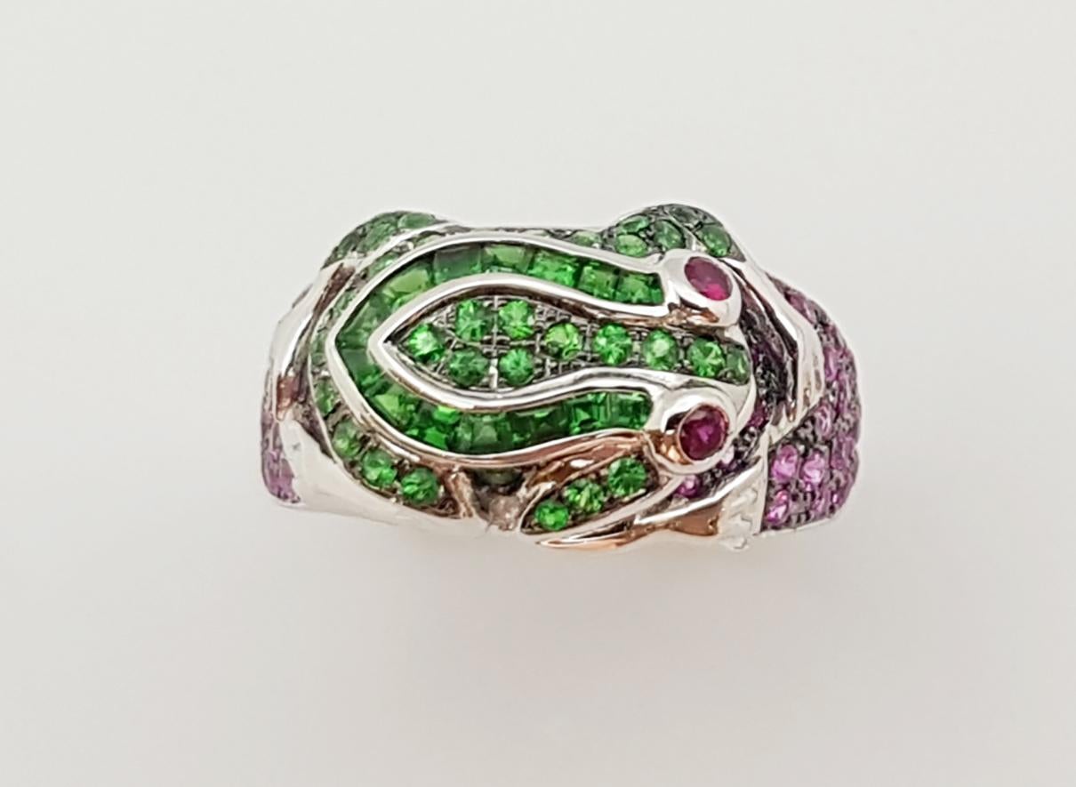 Tsavorite, Pink Sapphire and Ruby Frog Ring Set in 18 Karat White Gold Settings For Sale 1