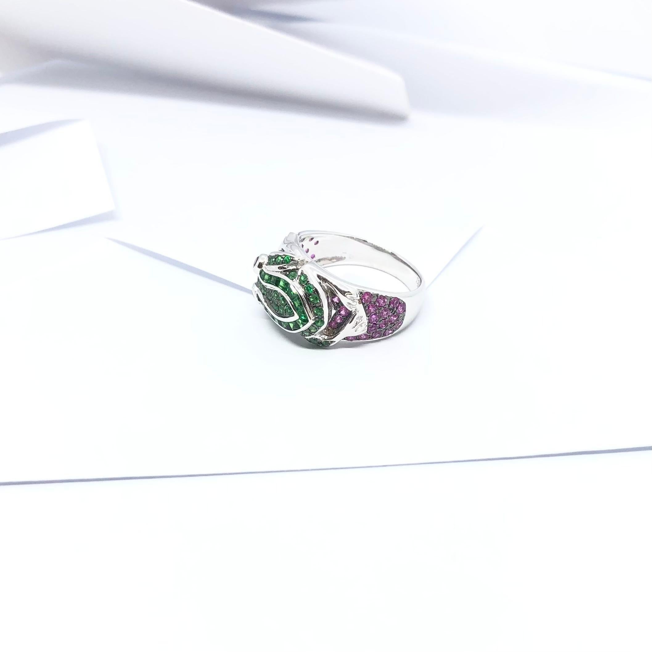 Tsavorite, Pink Sapphire and Ruby Frog Ring Set in 18 Karat White Gold Settings For Sale 6