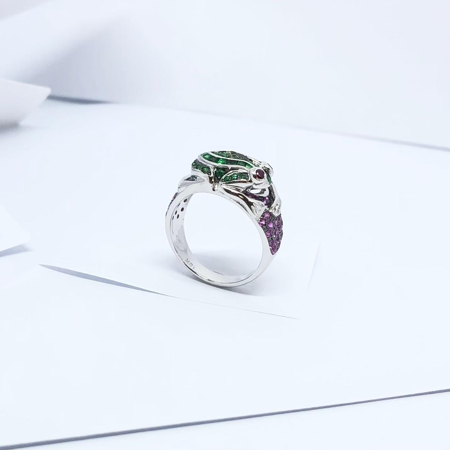 Tsavorite, Pink Sapphire and Ruby Frog Ring Set in 18 Karat White Gold Settings For Sale 9