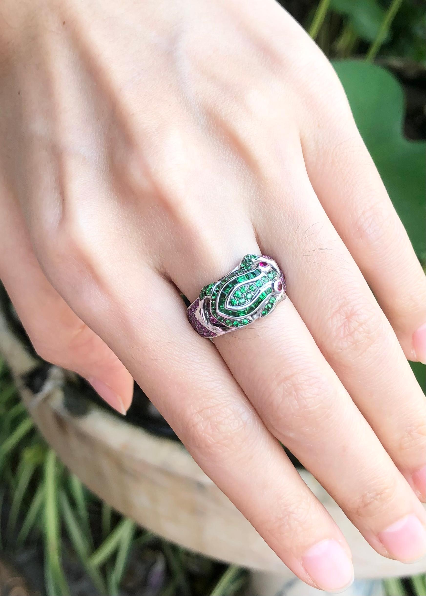 Contemporary Tsavorite, Pink Sapphire and Ruby Frog Ring Set in 18 Karat White Gold Settings For Sale