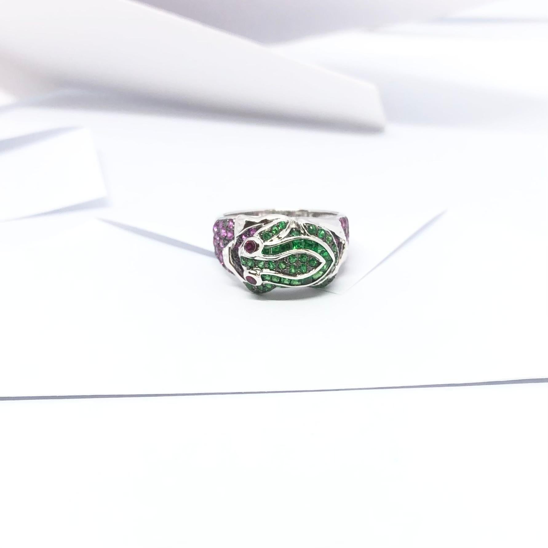 Mixed Cut Tsavorite, Pink Sapphire and Ruby Frog Ring Set in 18 Karat White Gold Settings For Sale