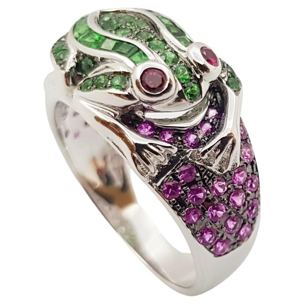 Tsavorite, Pink Sapphire and Ruby Frog Ring Set in 18 Karat White Gold Settings For Sale