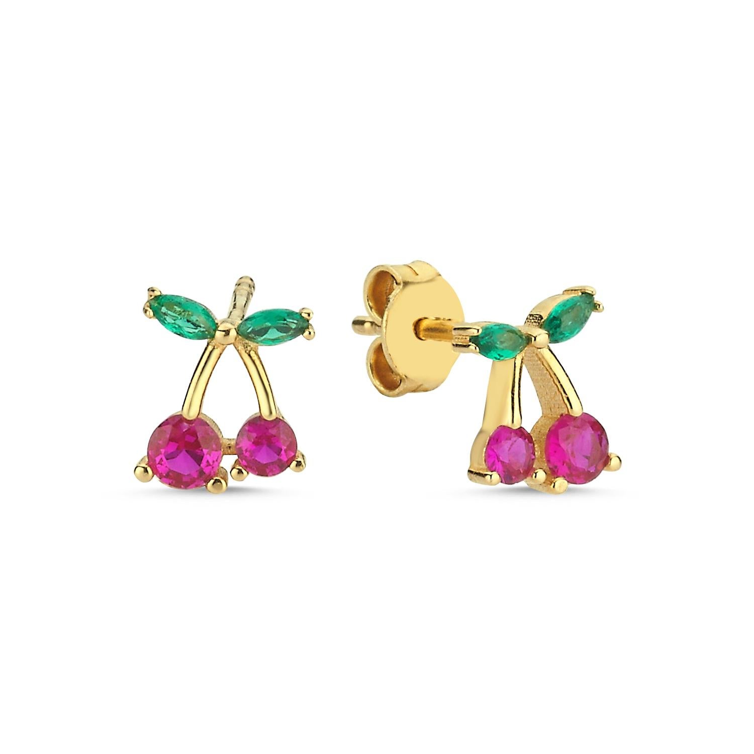 14k yellow gold Cherry earrings. Indulge in the vivid treasure of our Tsavorite， Rhodolite Garnet and Double-Cherry Stud Earrings in 14K Yellow Gold. Crafted with meticulous attention to detail, this earring boasts a stunning combination of round