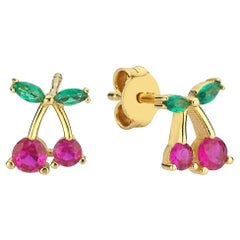 Tsavorite/Rhodolite Garnet/ Double-Cherry 14K Gold Earring Studs