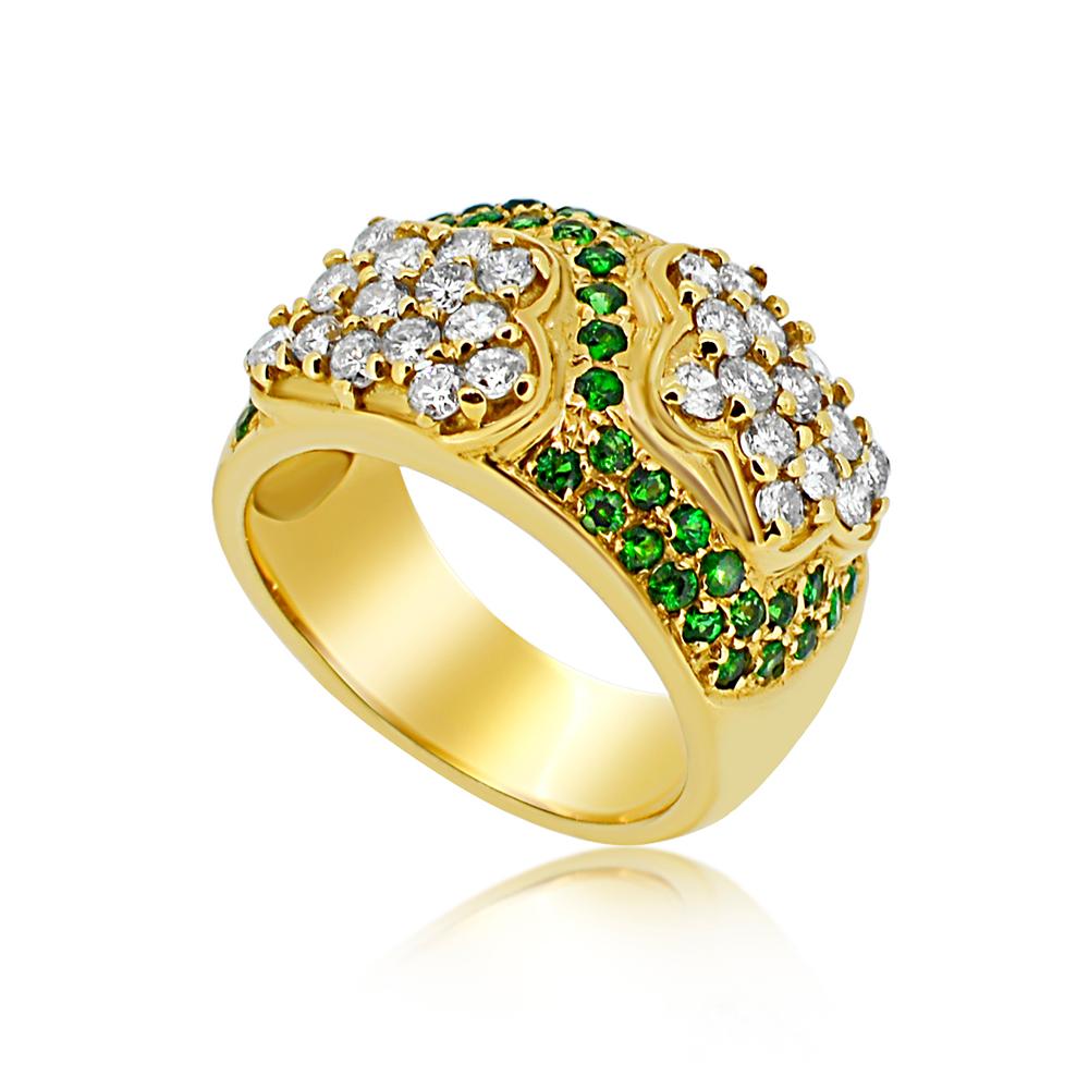  Diamant 1,12 Karat G-H-VSS1.
Tsavorit Rund -0,80 Karat.
14K Gelbgold 8,0 Gramm, Fingergröße 7,5
alle Natursteine