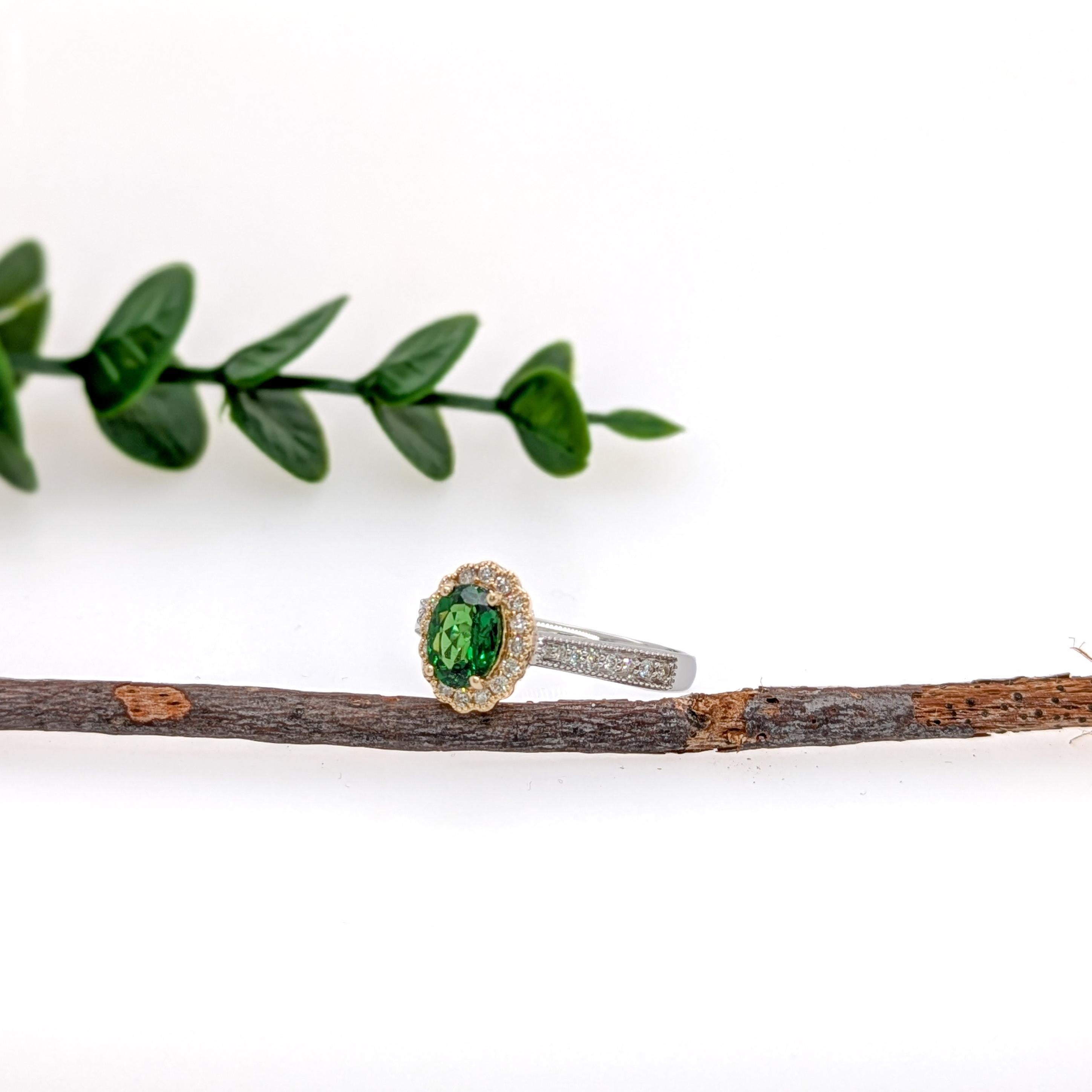 Art Deco Tsavorite Ring w Natural Diamonds in Solid 14K Gold  OV 7x5mm  Statement Ring For Sale
