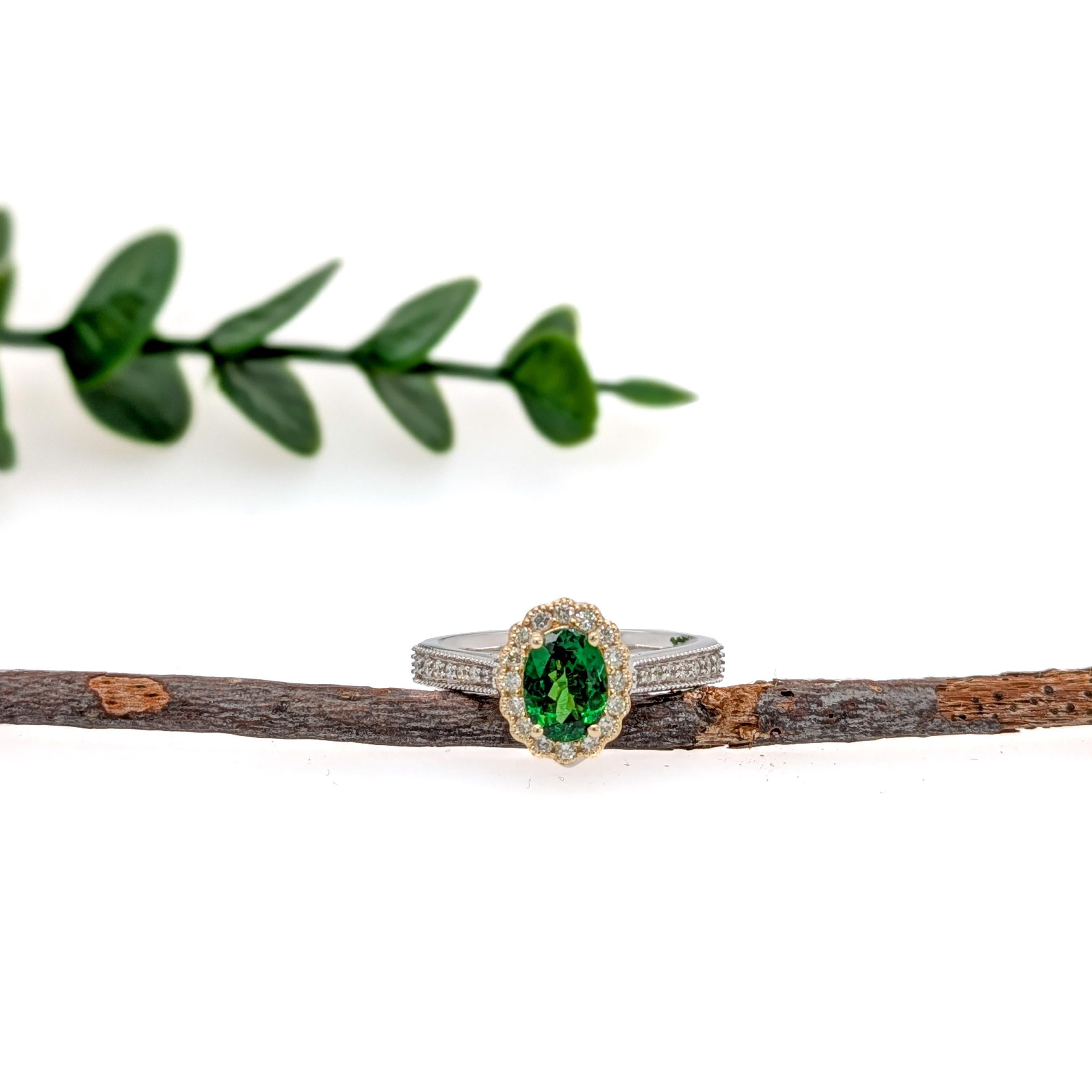 Tsavorite Ring w Natural Diamonds in Solid 14K Gold  OV 7x5mm  Statement Ring In New Condition For Sale In Columbus, OH