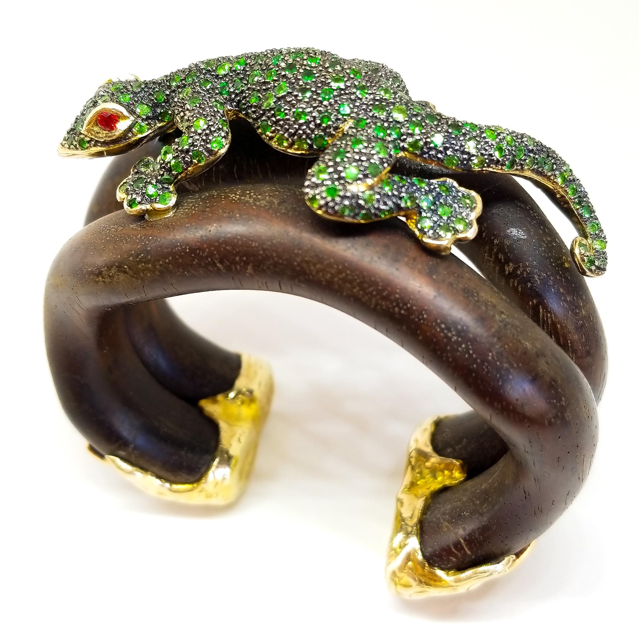 Tsavorite & Ruby Lizard Cuff Bracelet Sterling Gold Black Rhodium & Wood 2