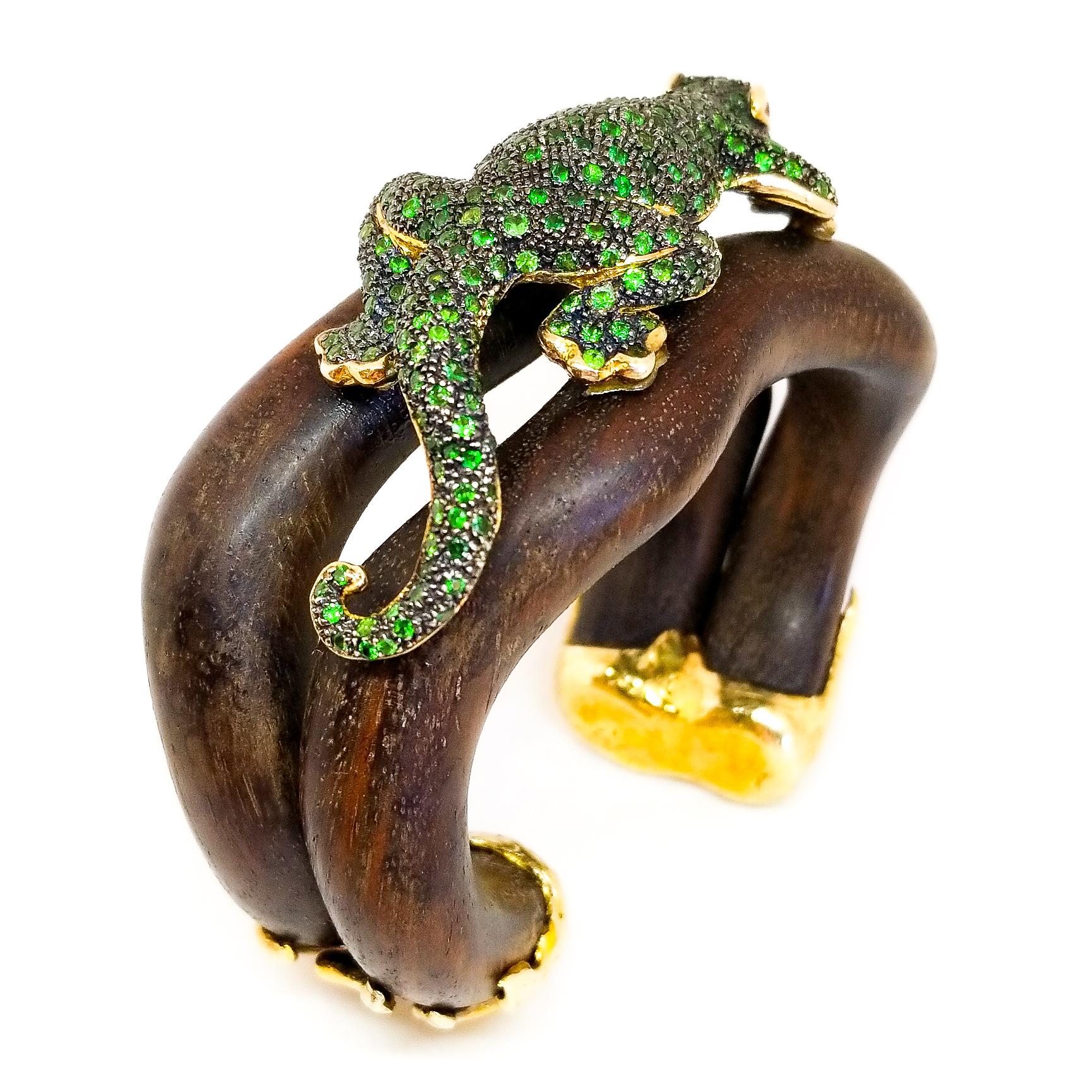 Tsavorite & Ruby Lizard Cuff Bracelet Sterling Gold Black Rhodium & Wood 3
