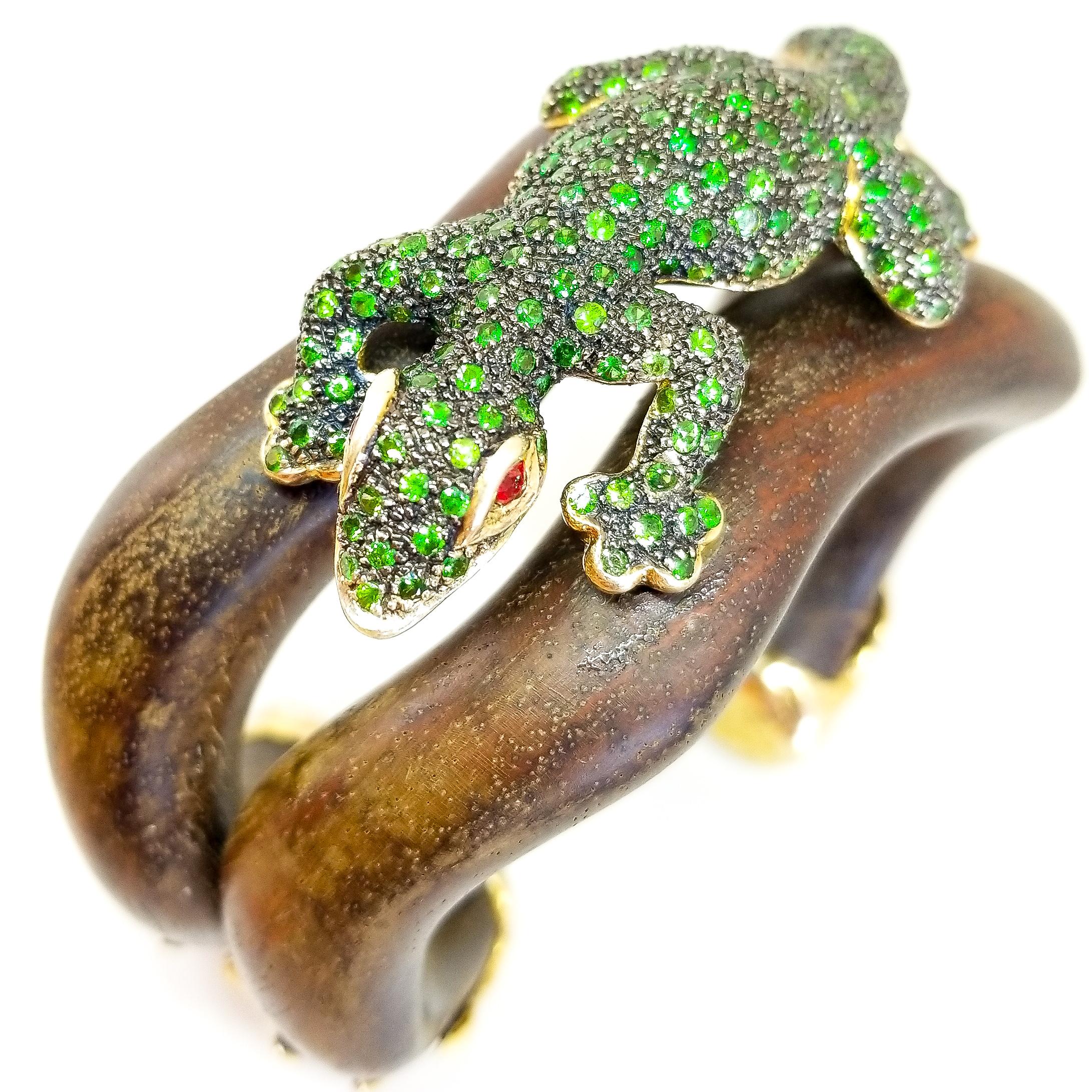 Tsavorite & Ruby Lizard Cuff Bracelet Sterling Gold Black Rhodium & Wood 5