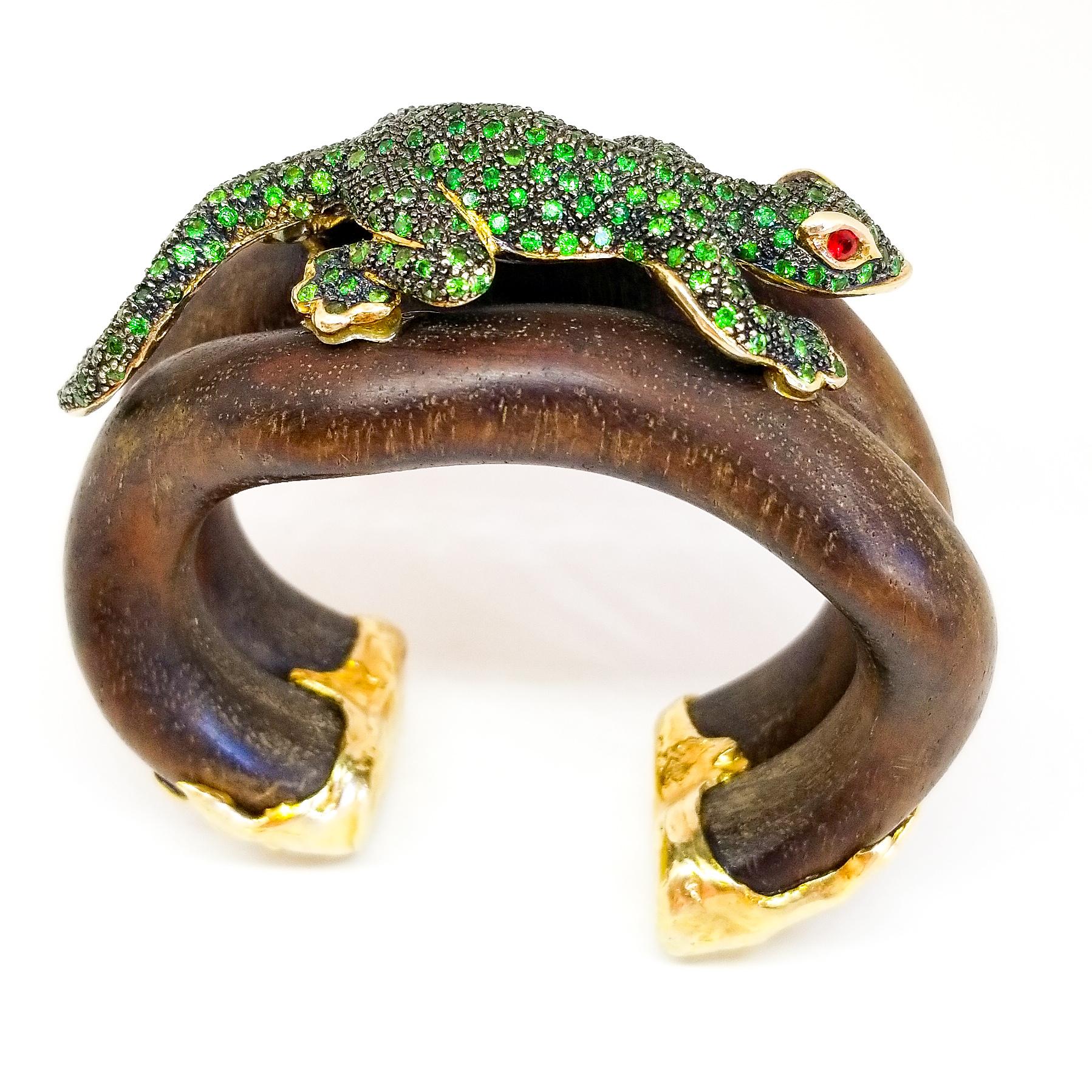 Tsavorite & Ruby Lizard Cuff Bracelet Sterling Gold Black Rhodium & Wood 6