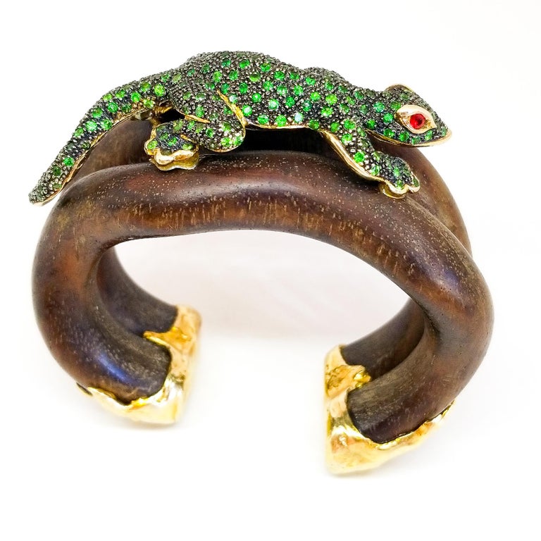 Tsavorite and Ruby Lizard Cuff Bracelet Sterling Gold Black Rhodium and ...