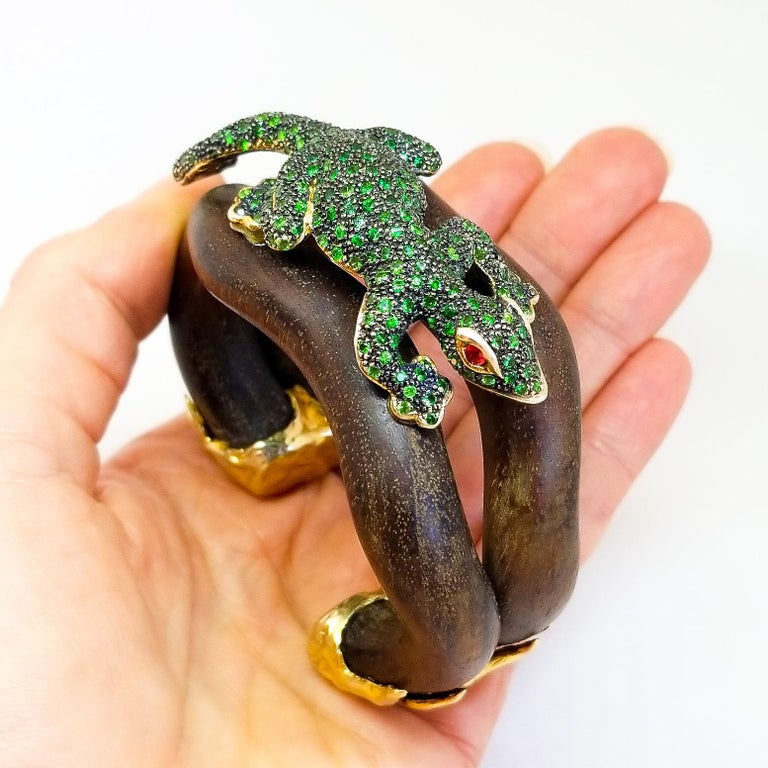 Tsavorite and Ruby Lizard Cuff Bracelet Sterling Gold Black Rhodium and ...