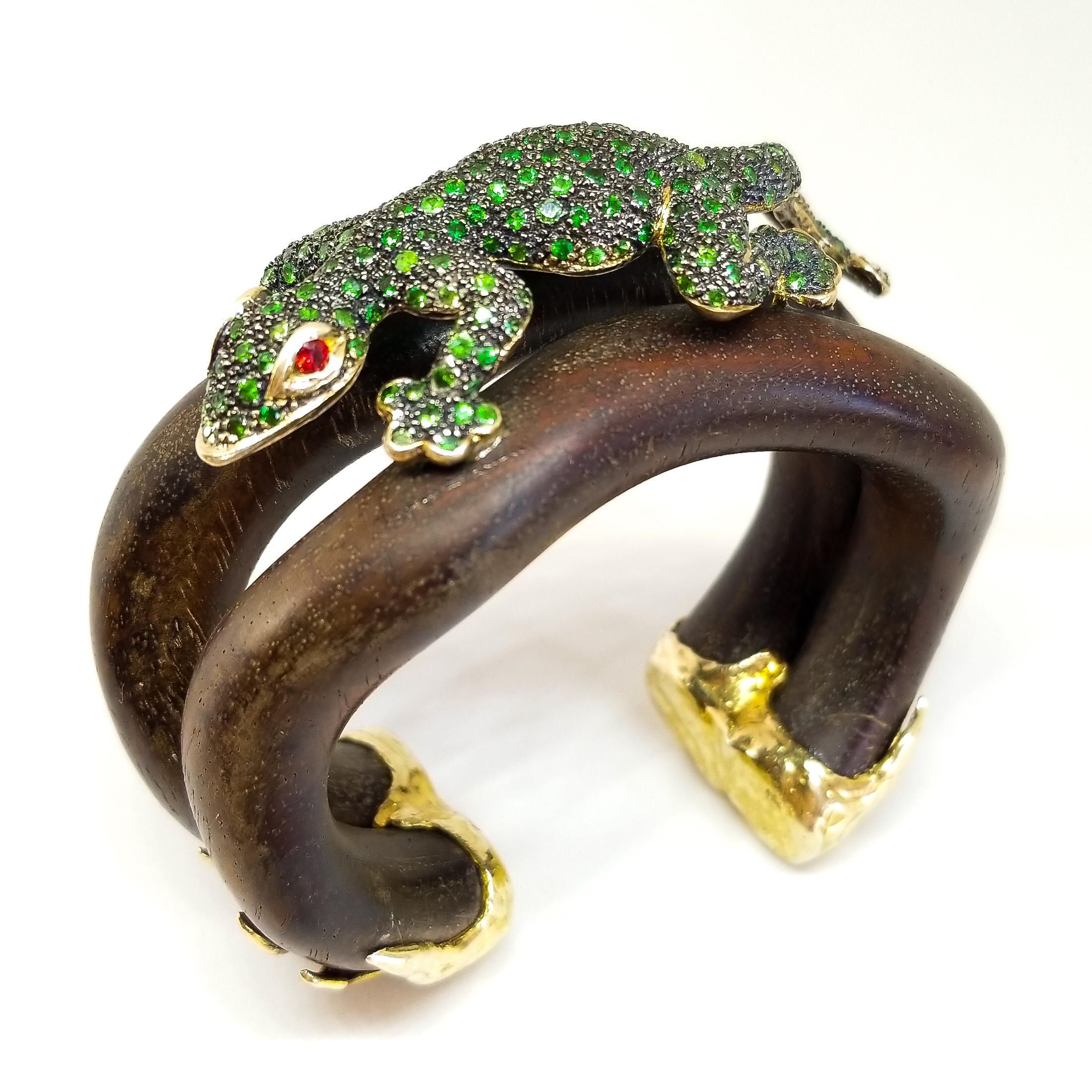 Tsavorite & Ruby Lizard Cuff Bracelet Sterling Gold Black Rhodium & Wood 8