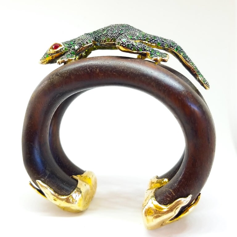 Tsavorite and Ruby Lizard Cuff Bracelet Sterling Gold Black Rhodium and ...