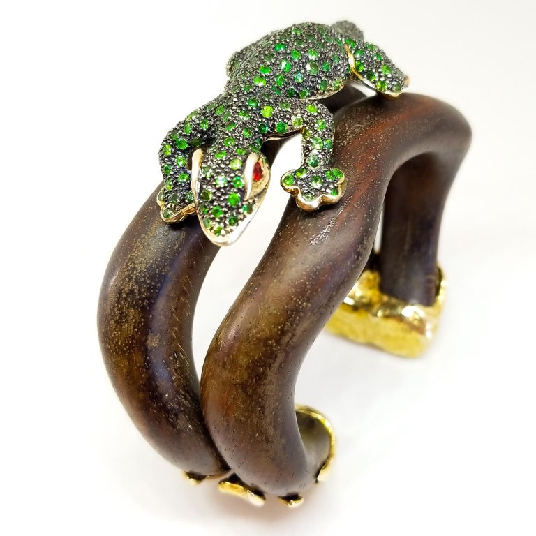 Tsavorite and Ruby Lizard Cuff Bracelet Sterling Gold Black Rhodium and ...