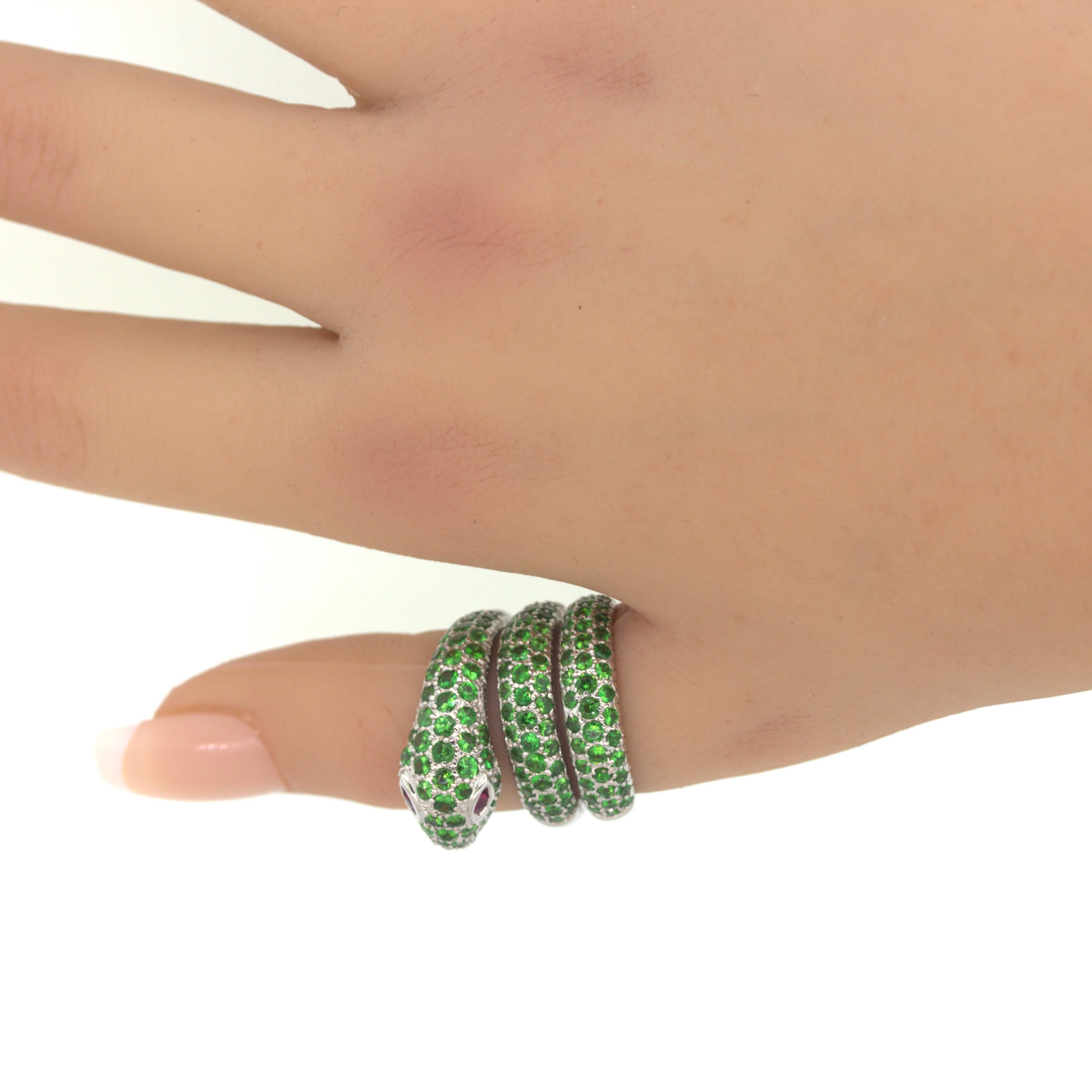 Tsavorite Ruby Snake Gold Wrap Ring For Sale 4