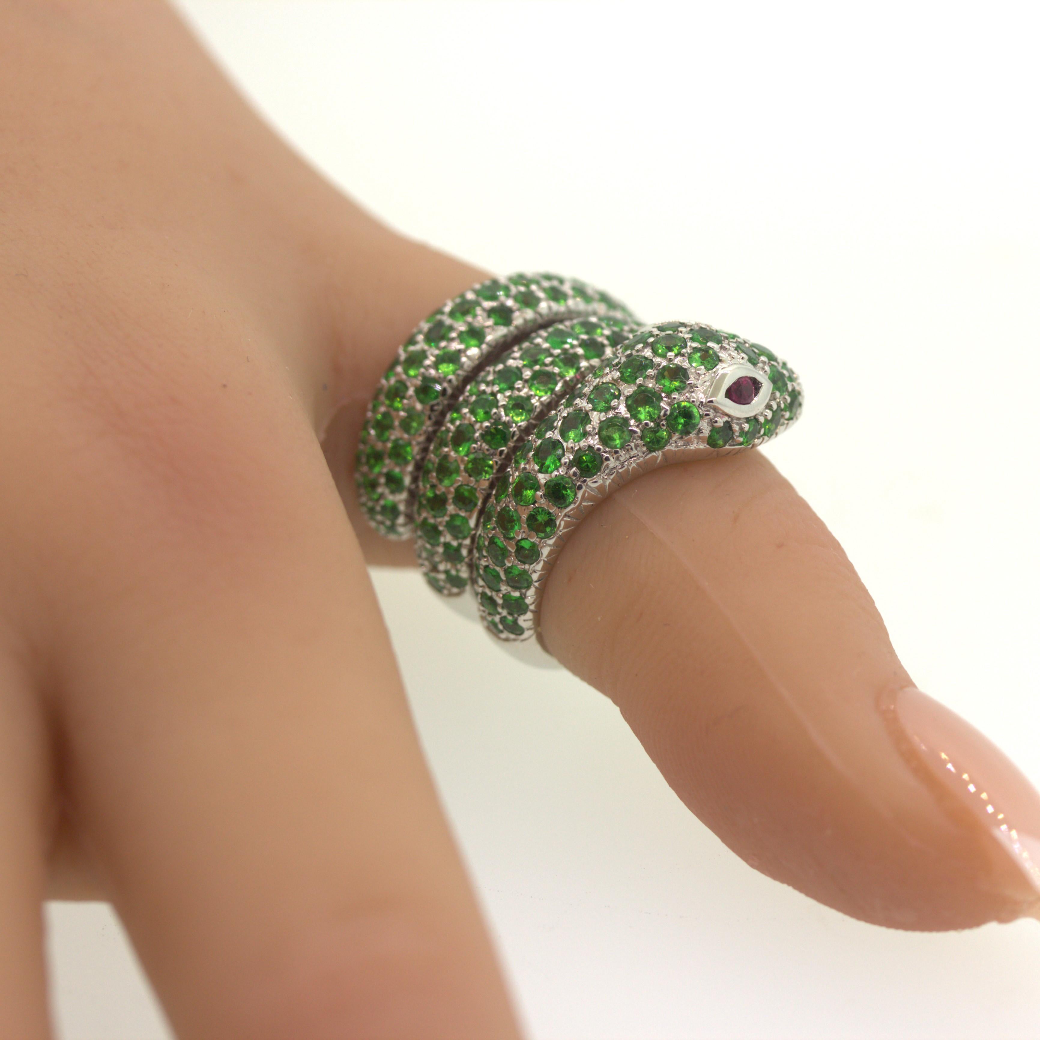 Women's Tsavorite Ruby Snake Gold Wrap Ring For Sale