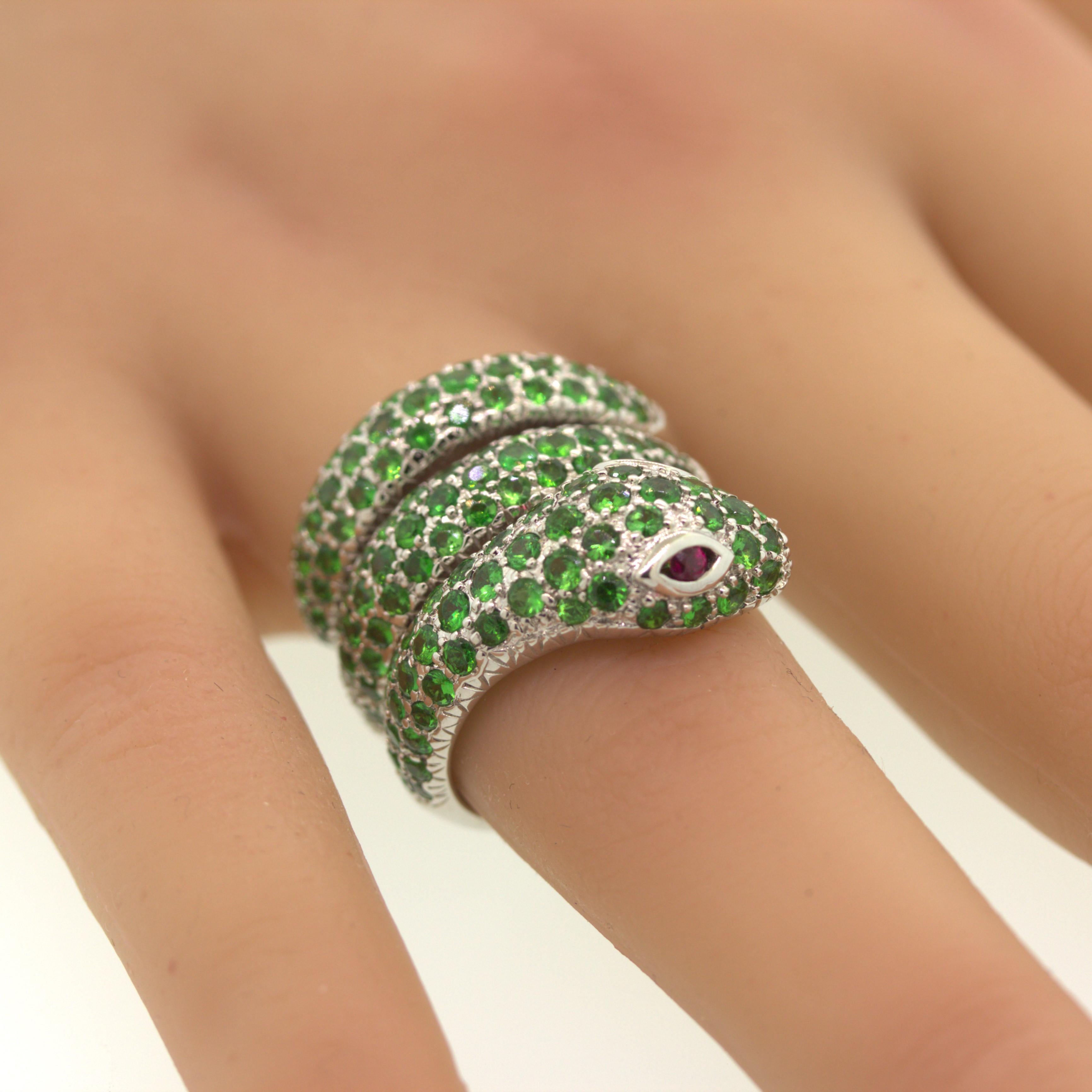 Tsavorite Ruby Snake Gold Wrap Ring For Sale 1