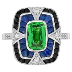 Tsavorite Sapphire Onyx Diamond Art Deco Style Halo Ring in 18k White Gold