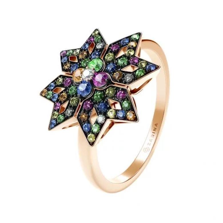 Tsavorite Sapphire Ruby Multisapphire Rose 14k Gold Ring  for Her In New Condition For Sale In Montreux, CH