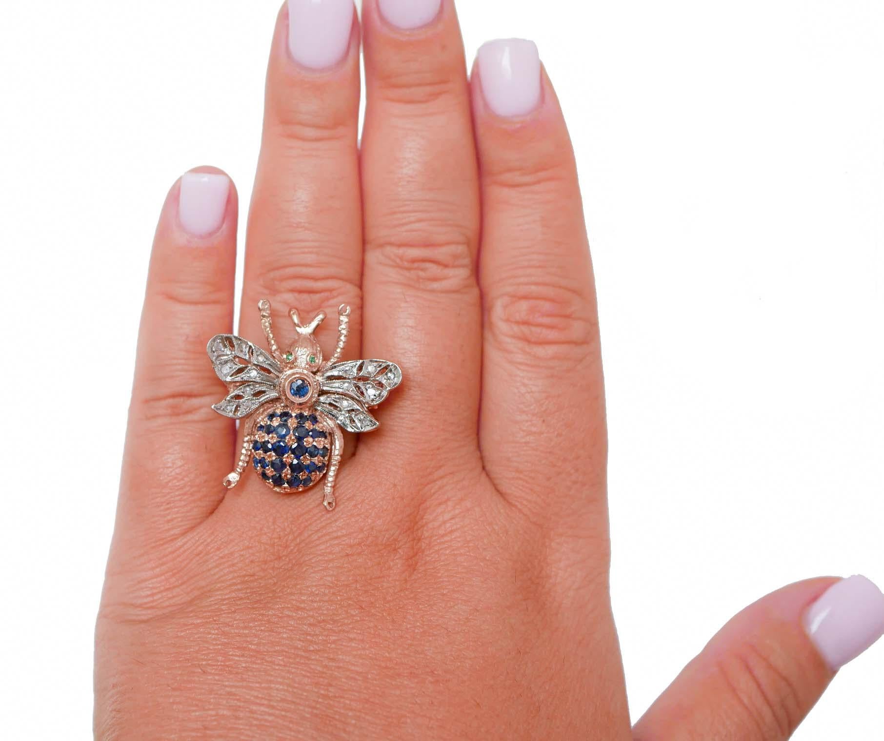 Taille mixte Tsavorite, saphirs, diamants, bague en or rose et argent. en vente