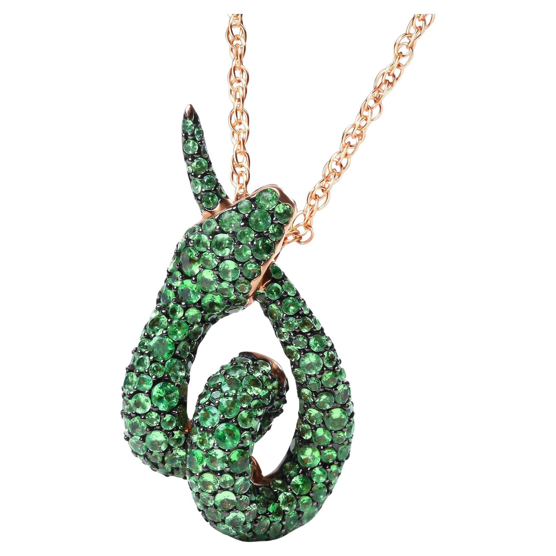 Tsavorite Snake Pendant Necklace 281 Gemstone 3.23 Carats 18K Rose Gold