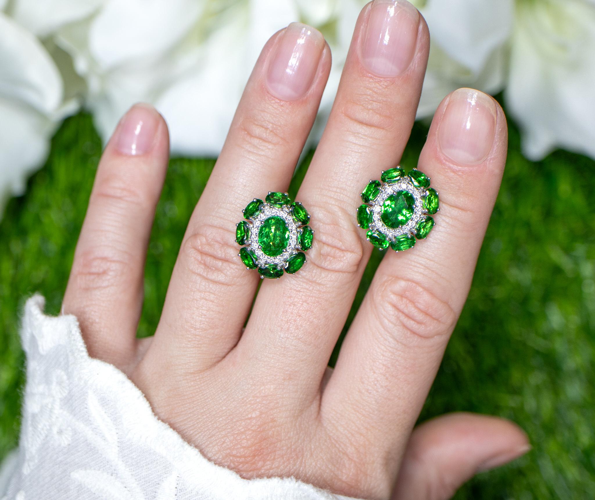 Modern Tsavorite Stud Earrings With Diamonds 7.33 Carats 18K White Gold For Sale