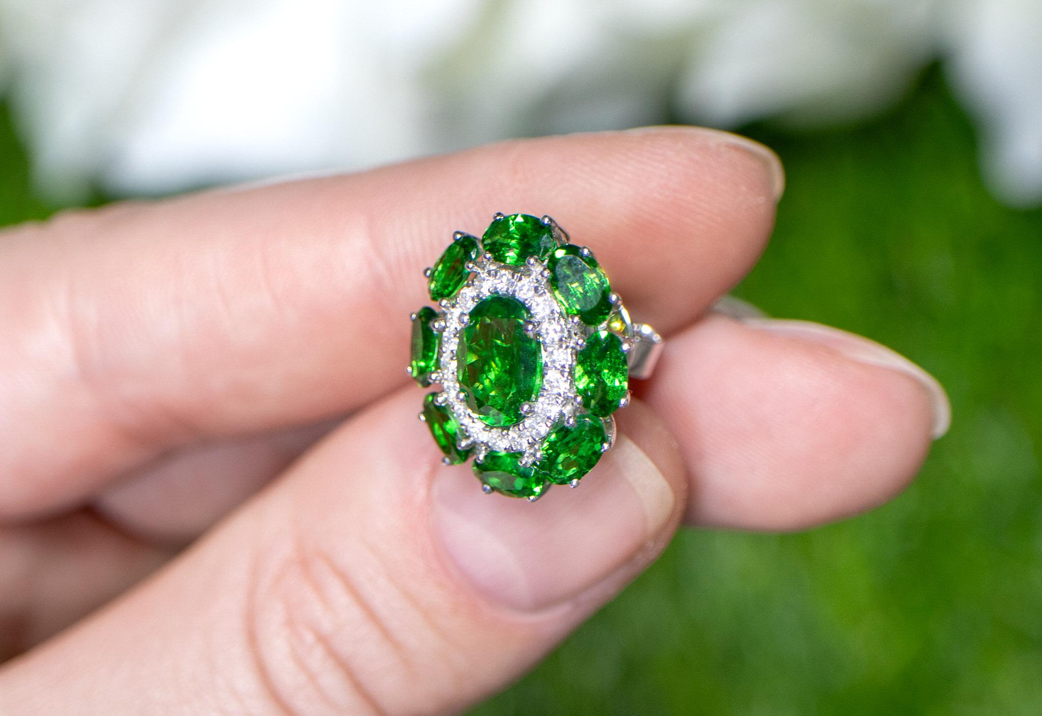 Tsavorite Stud Earrings With Diamonds 7.33 Carats 18K White Gold In Excellent Condition For Sale In Laguna Niguel, CA