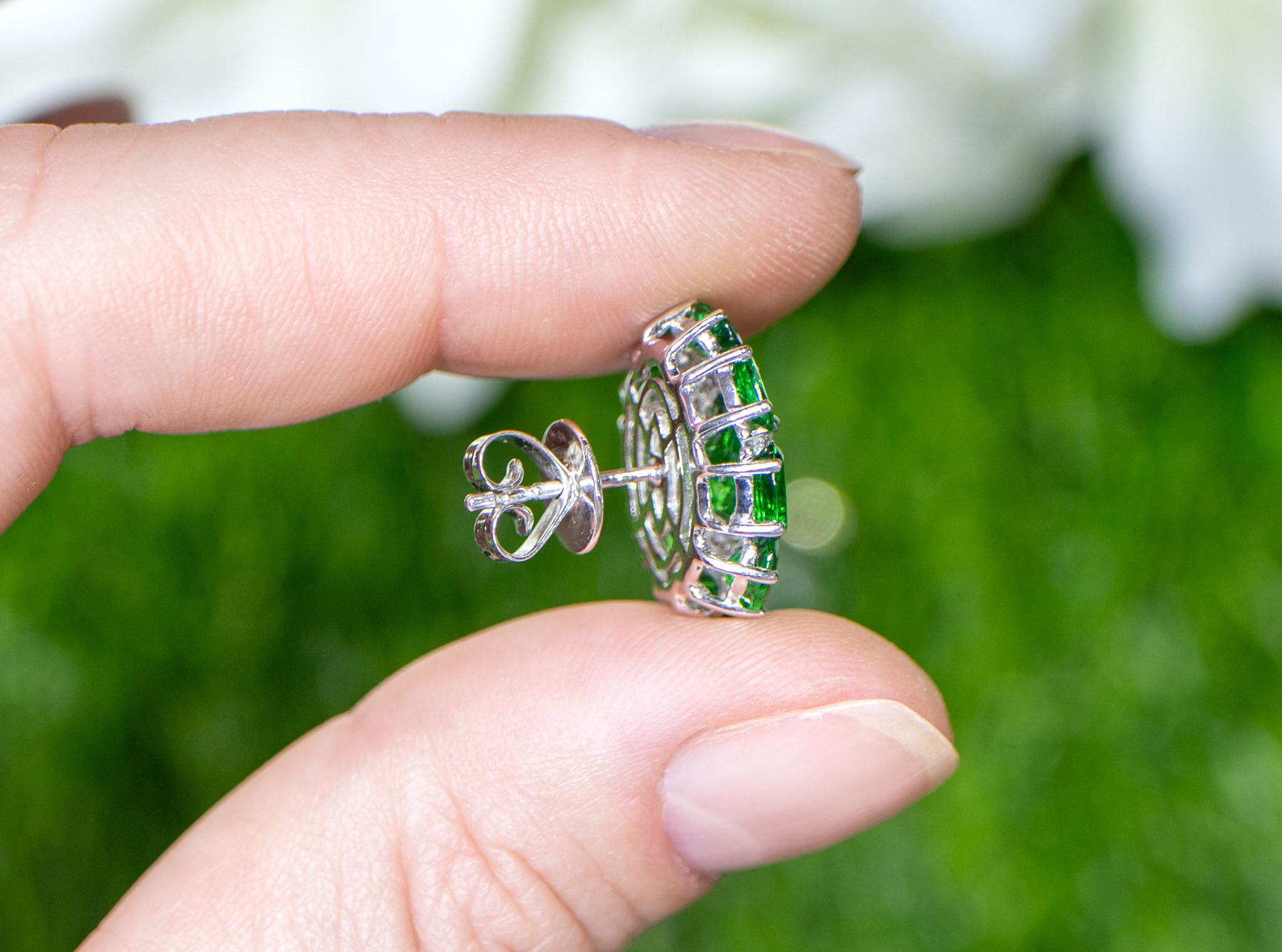Women's or Men's Tsavorite Stud Earrings With Diamonds 7.33 Carats 18K White Gold For Sale